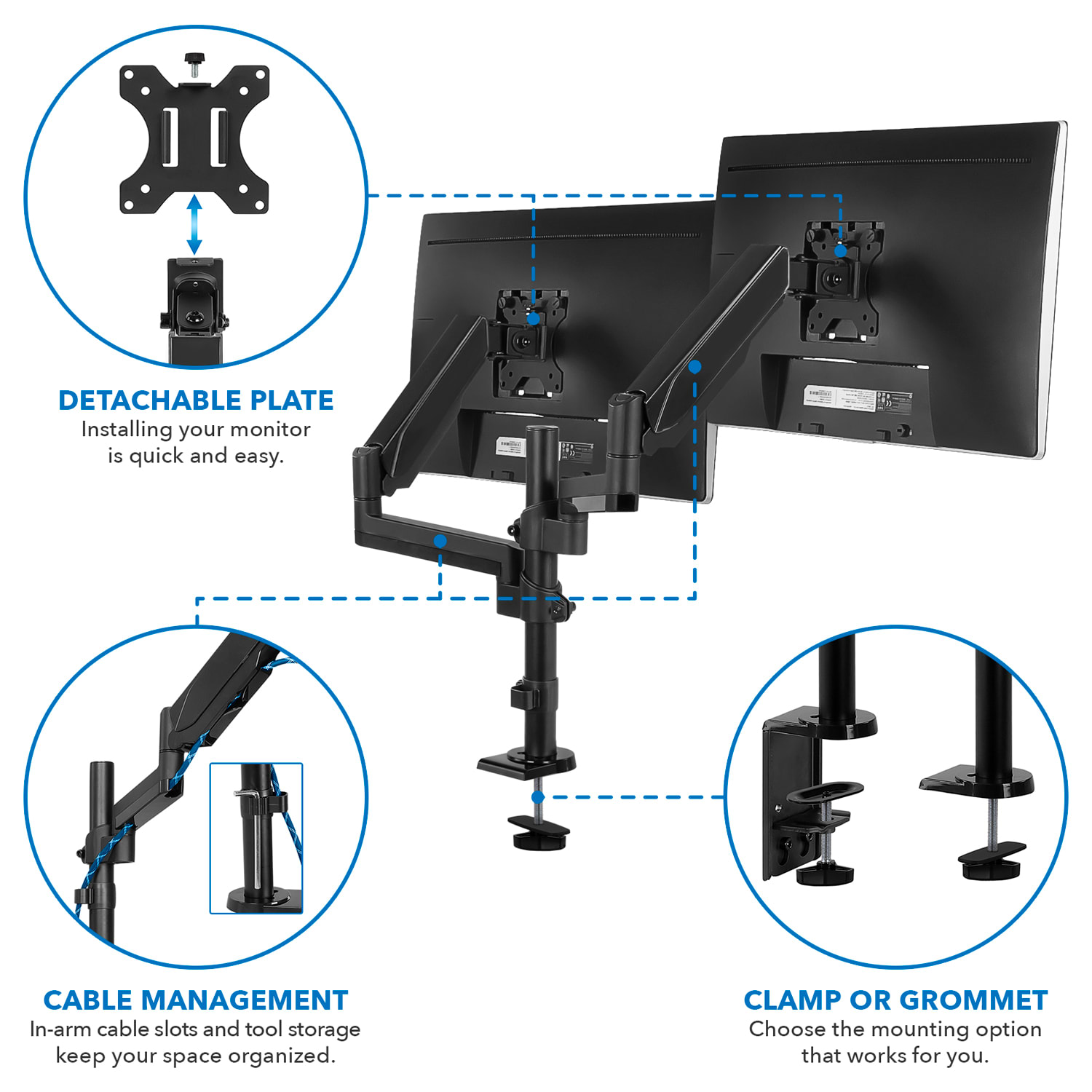 Mount-It! MI-4762 Dual-Monitor Arm Desk Mount, 17inH x 10inW x 4.3inD, Black - Image 4