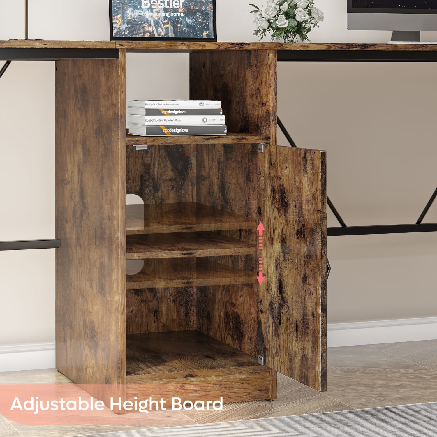 Bestier Reversible 60inW Corner Computer Desk With Storage Cabinet & Accessory Hooks, Rustic Brown - Image 3