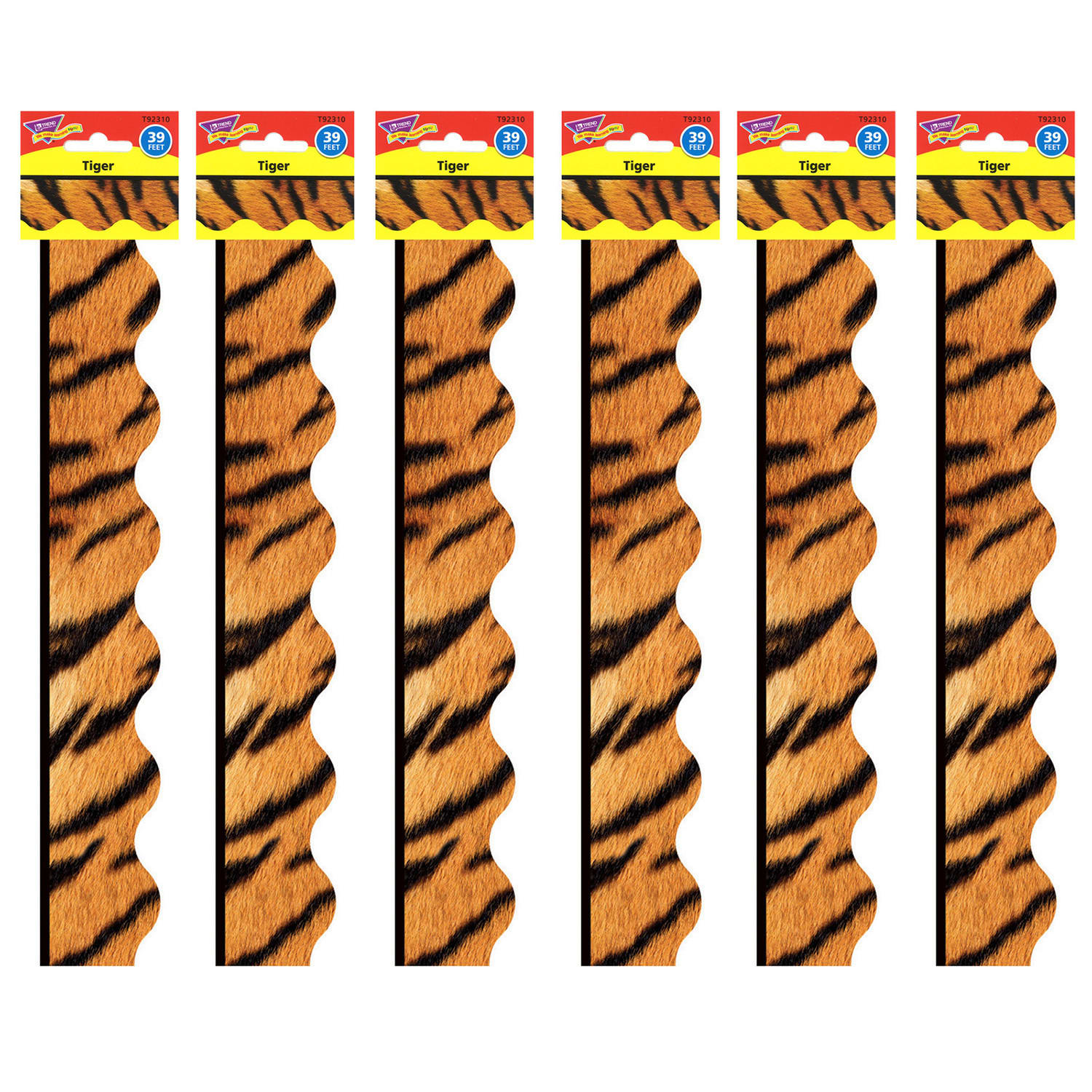 Trend Terrific Trimmers Packs, 39' x 2-1/4in, Tiger, Set Of 6 Packs