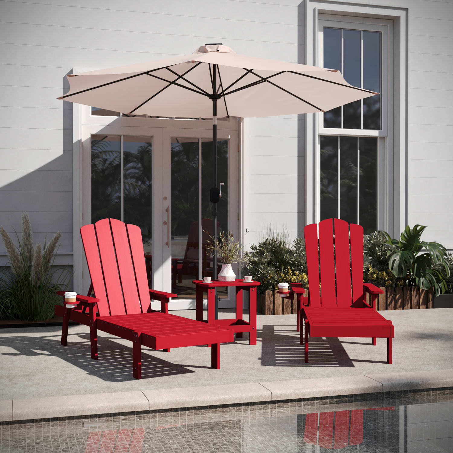 Flash Furniture Sonora Commercial Grade 3 Piece Indoor/Outdoor Adirondack Set with 2 Adjustable HDPE Loungers with Cup Holders and 2-Tier Side Table, Red - Image 3