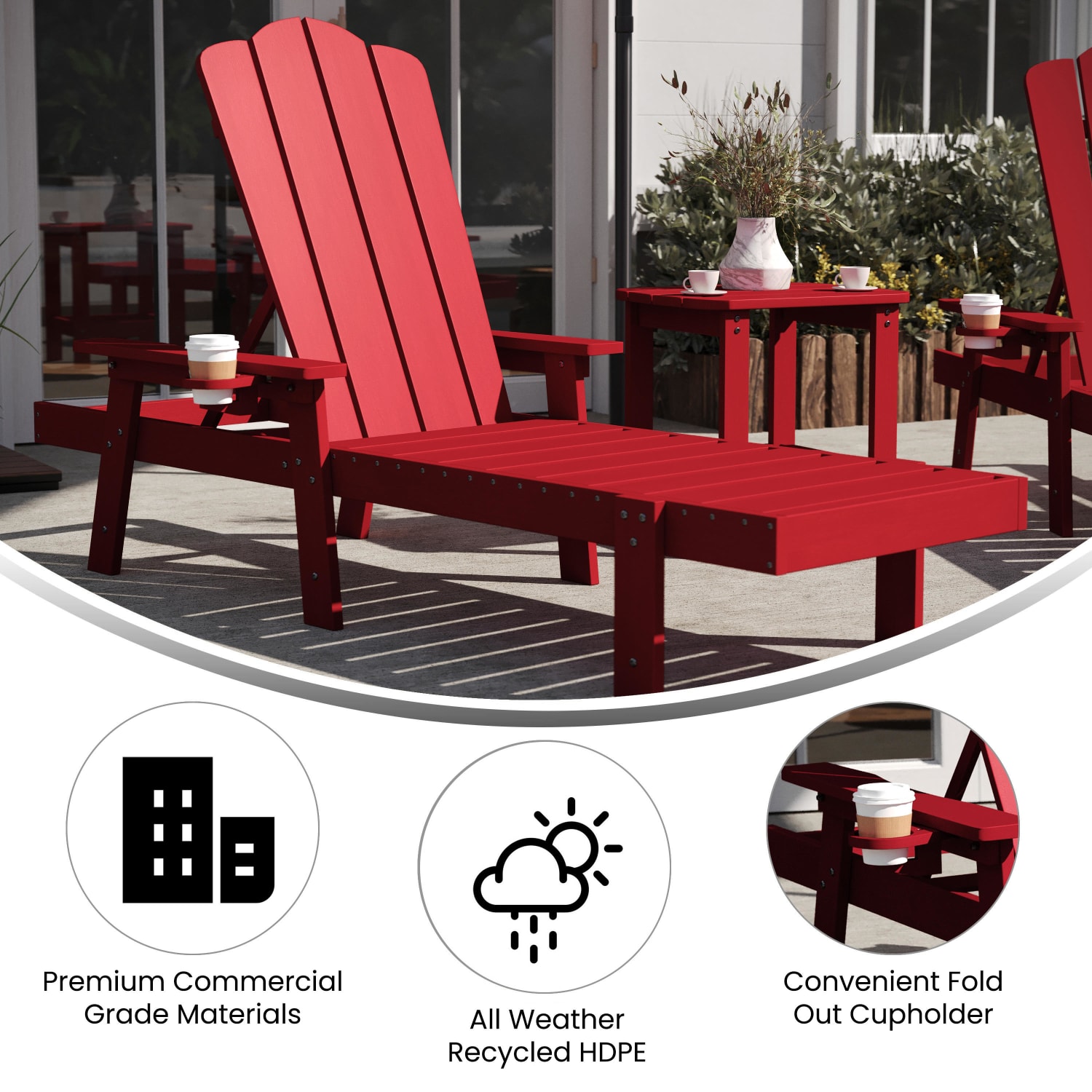 Flash Furniture Sonora Commercial Grade 3 Piece Indoor/Outdoor Adirondack Set with 2 Adjustable HDPE Loungers with Cup Holders and 2-Tier Side Table, Red - Image 4