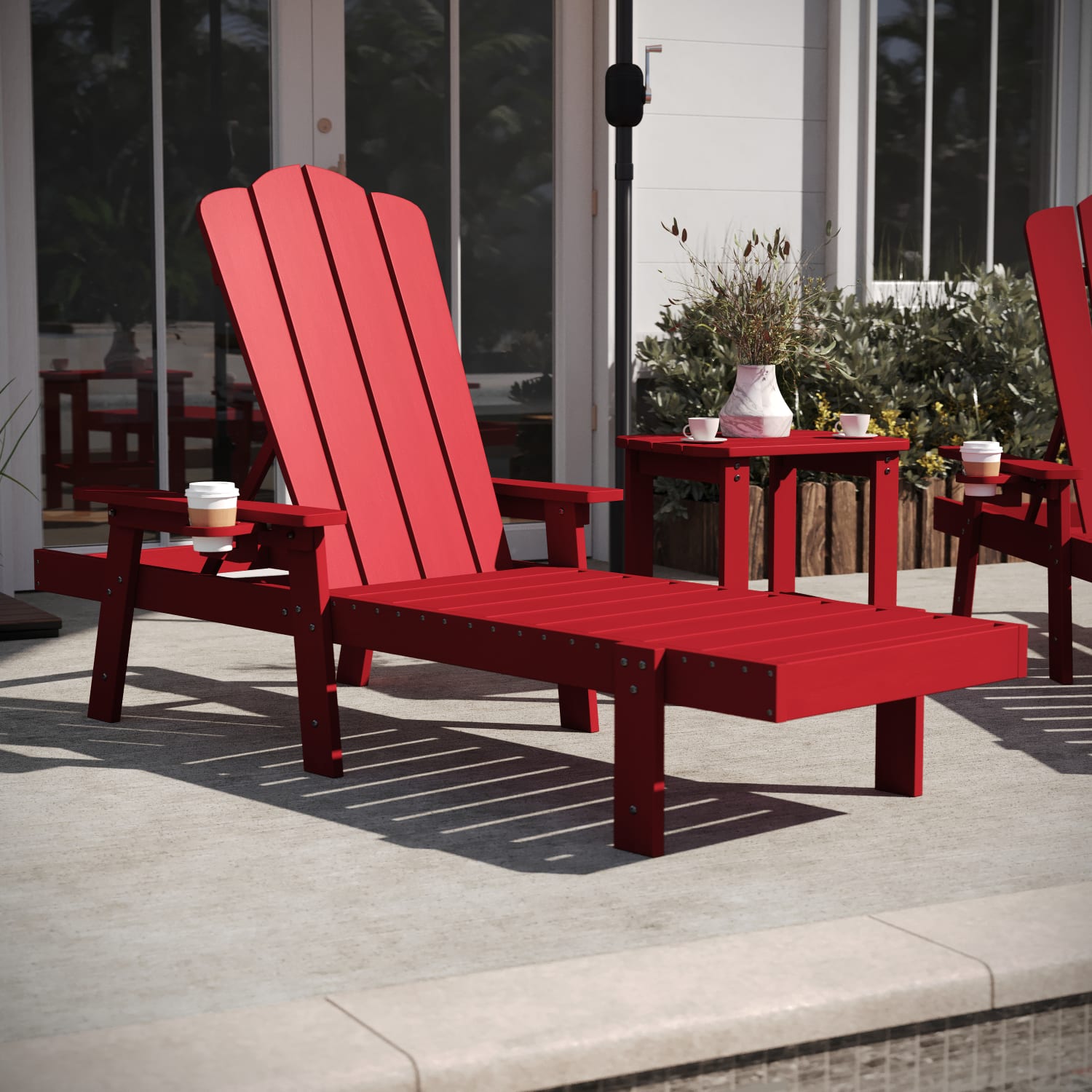 Flash Furniture Sonora Commercial Grade 3 Piece Indoor/Outdoor Adirondack Set with 2 Adjustable HDPE Loungers with Cup Holders and 2-Tier Side Table, Red - Image 5