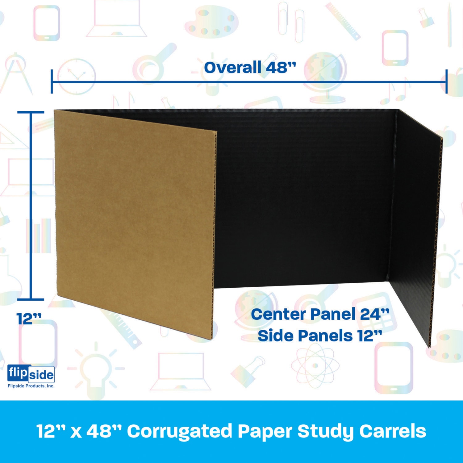Flipside Products Corrugated Study Carrels, Corrugated Cardboard, 12in x 48in, Black, Pack Of 24 Carrels - Image 3