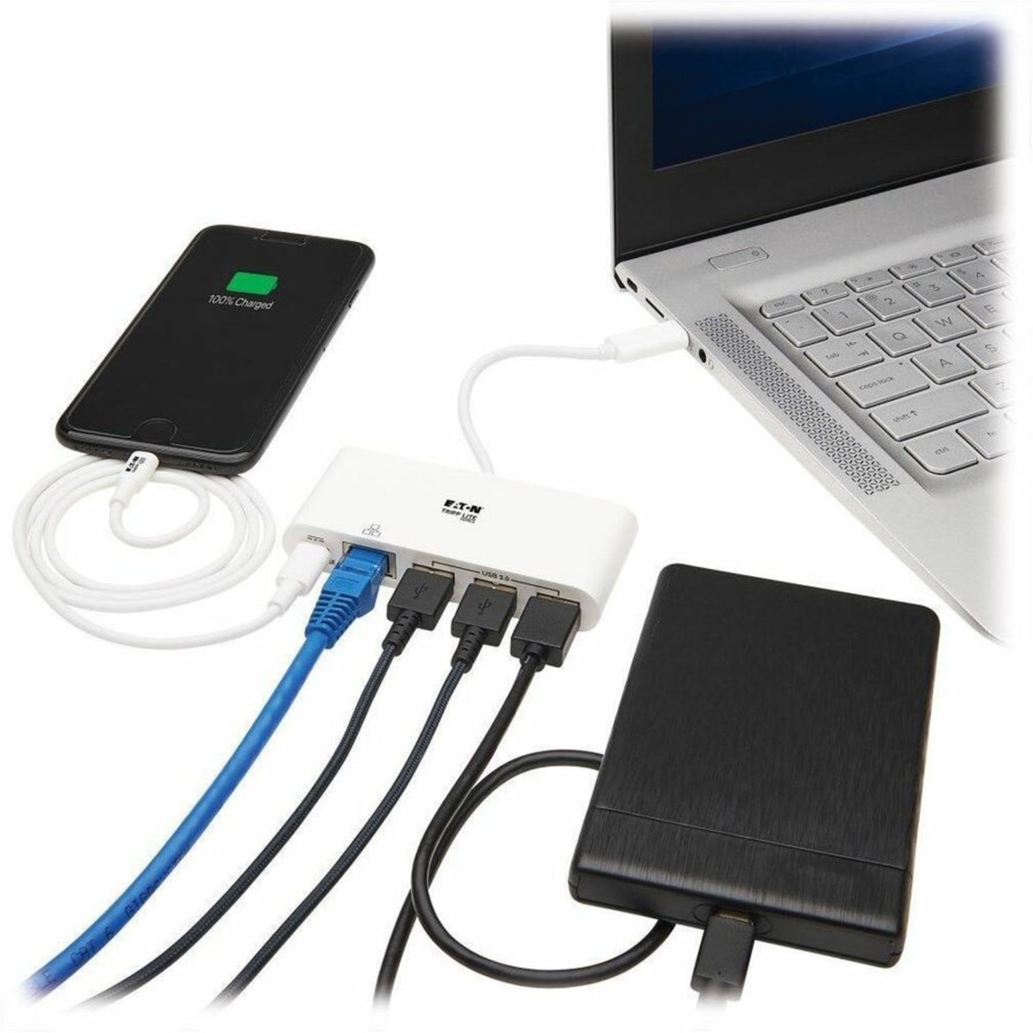 Eaton Tripp Lite Series 3-Port USB-C Hub - USB 3.x (5Gpbs) Hub Ports, Gigabit Ethernet, 60W PD Charging, White - U460-003-3AG-C - Image 3