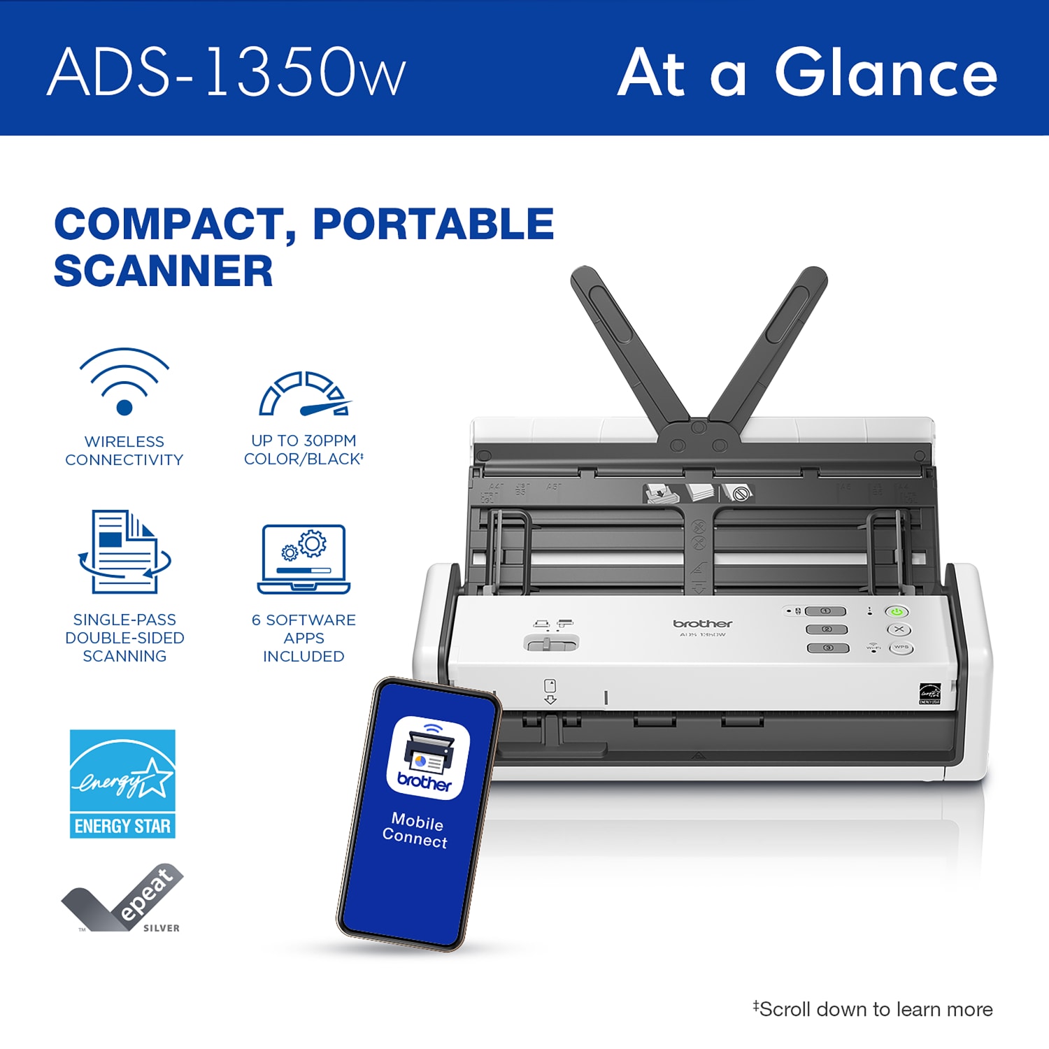 Brother Wireless Compact Desktop Scanner, ADS-1350W - Image 3