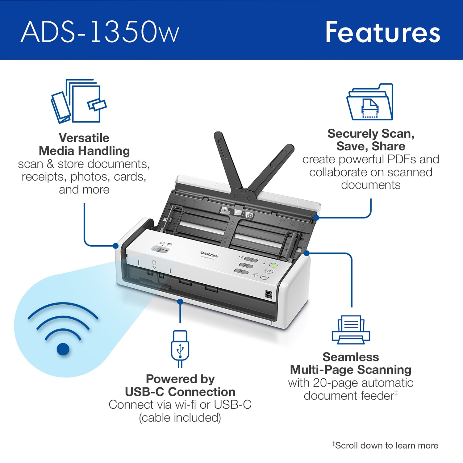 Brother Wireless Compact Desktop Scanner, ADS-1350W - Image 4