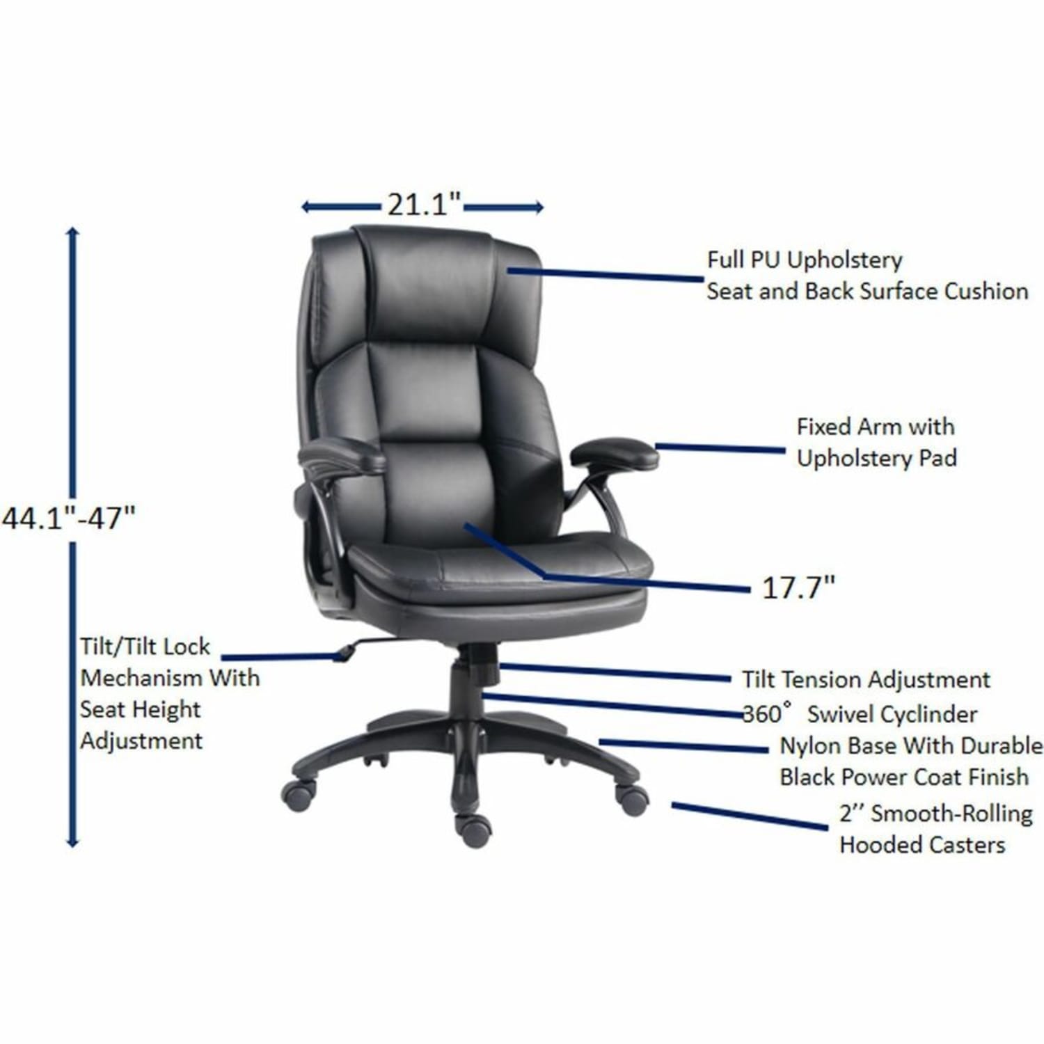 Lorell Black Base High-back Chair - PU Leather Seat Material - PU Leather Back Material - High Back - 5-star Base - Black - Leather - Armrest - 1 Each - Image 6