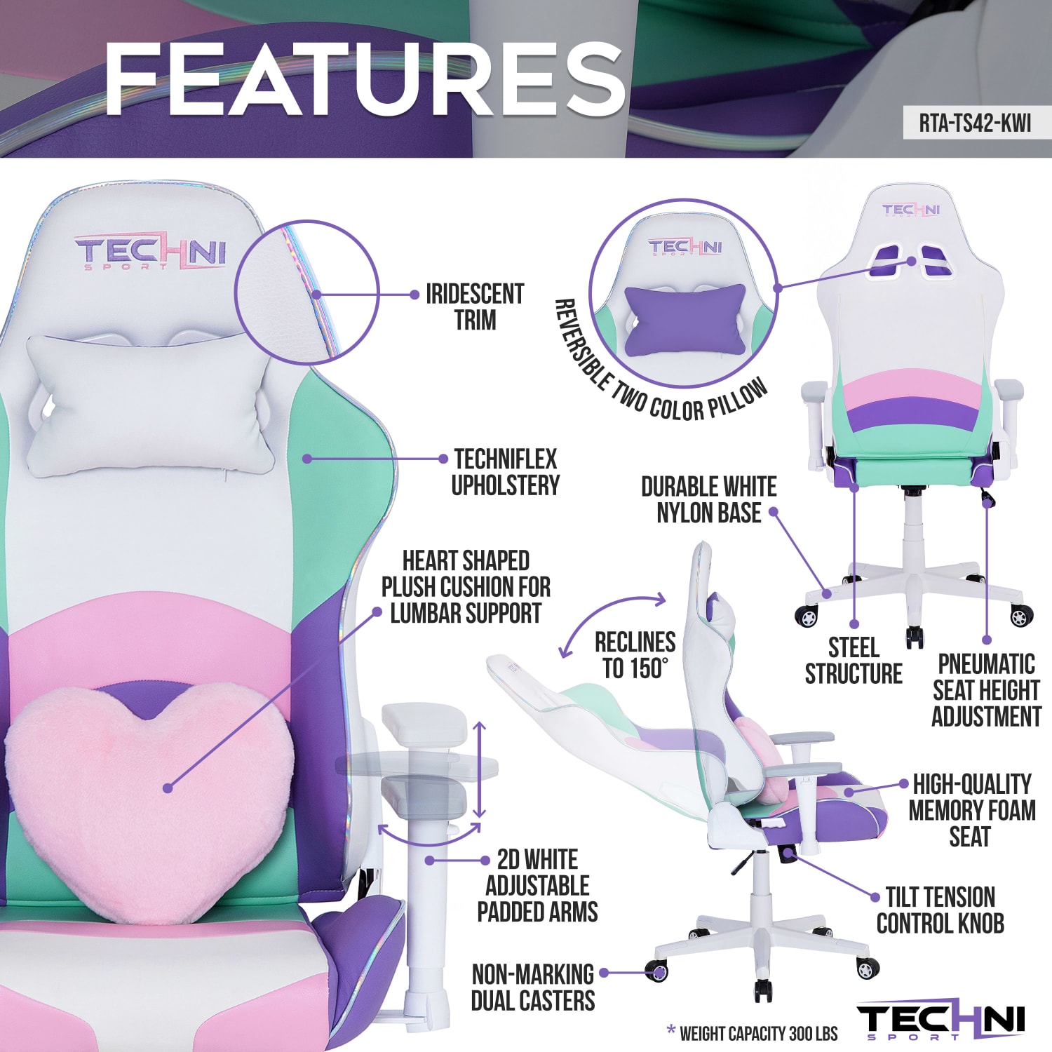 Techni Sport Kawaii Ergonomic Faux Leather Computer Gaming Chair, Multicolor - Image 4