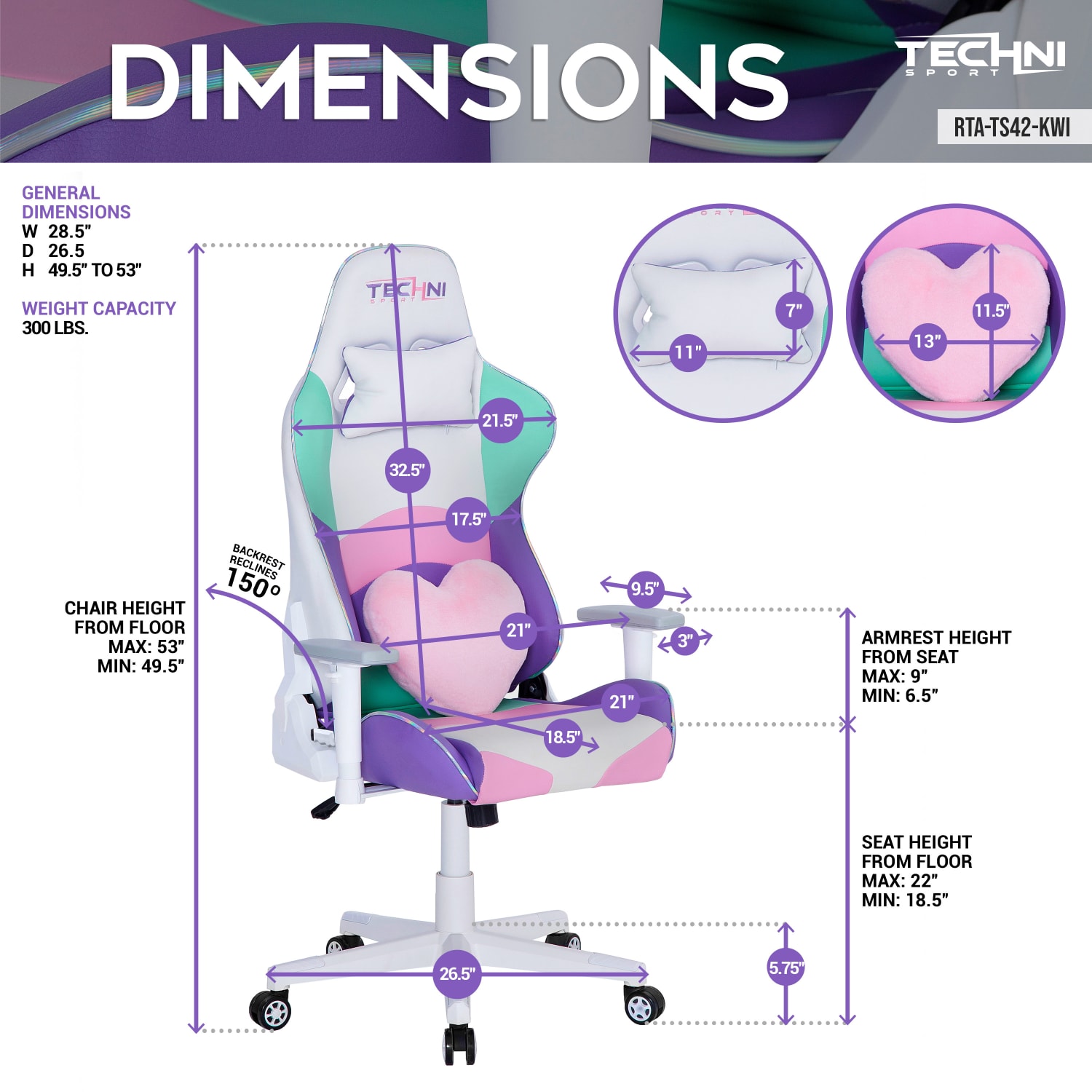 Techni Sport Kawaii Ergonomic Faux Leather Computer Gaming Chair, Multicolor - Image 5