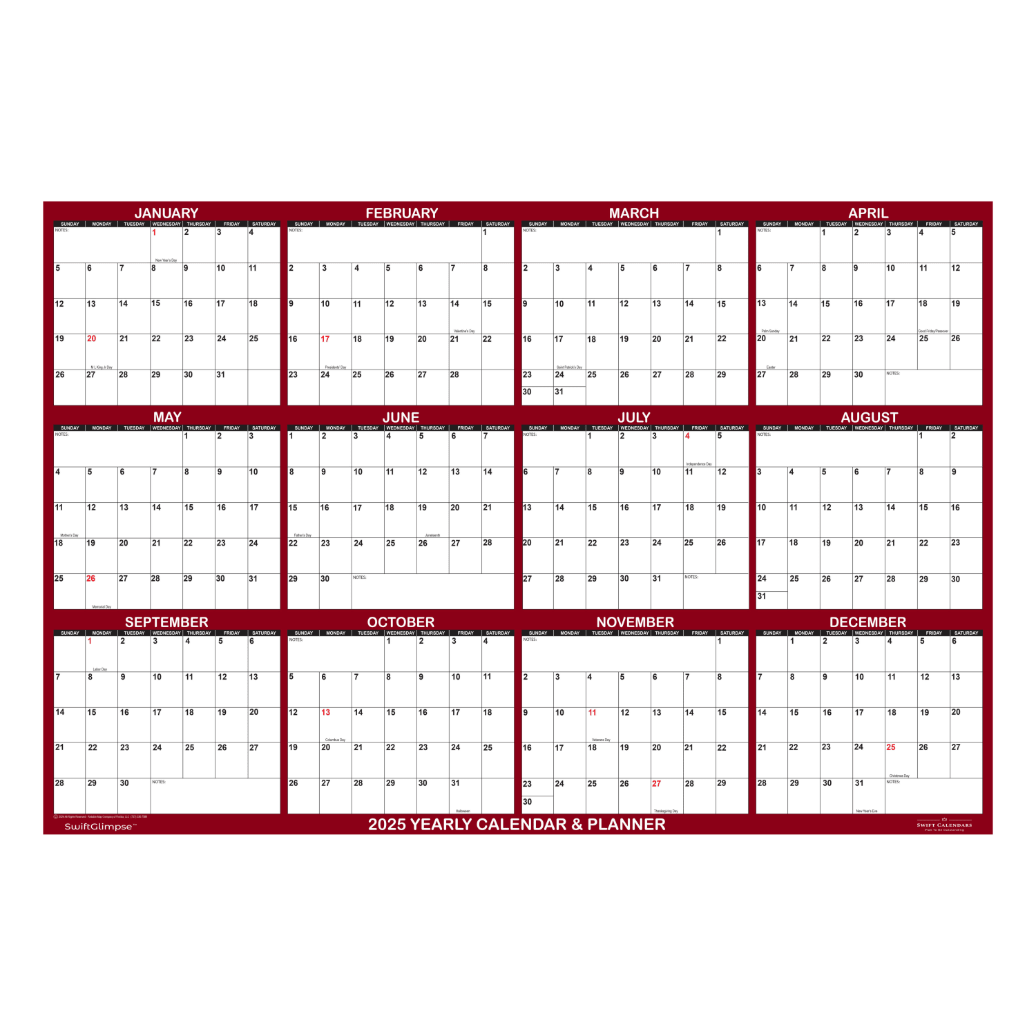 2025 SwiftGlimpse Daily/Yearly Wall Calendar, 36in x 54in, Maroon, January 2025 To December 2025, SG 2025 MAR