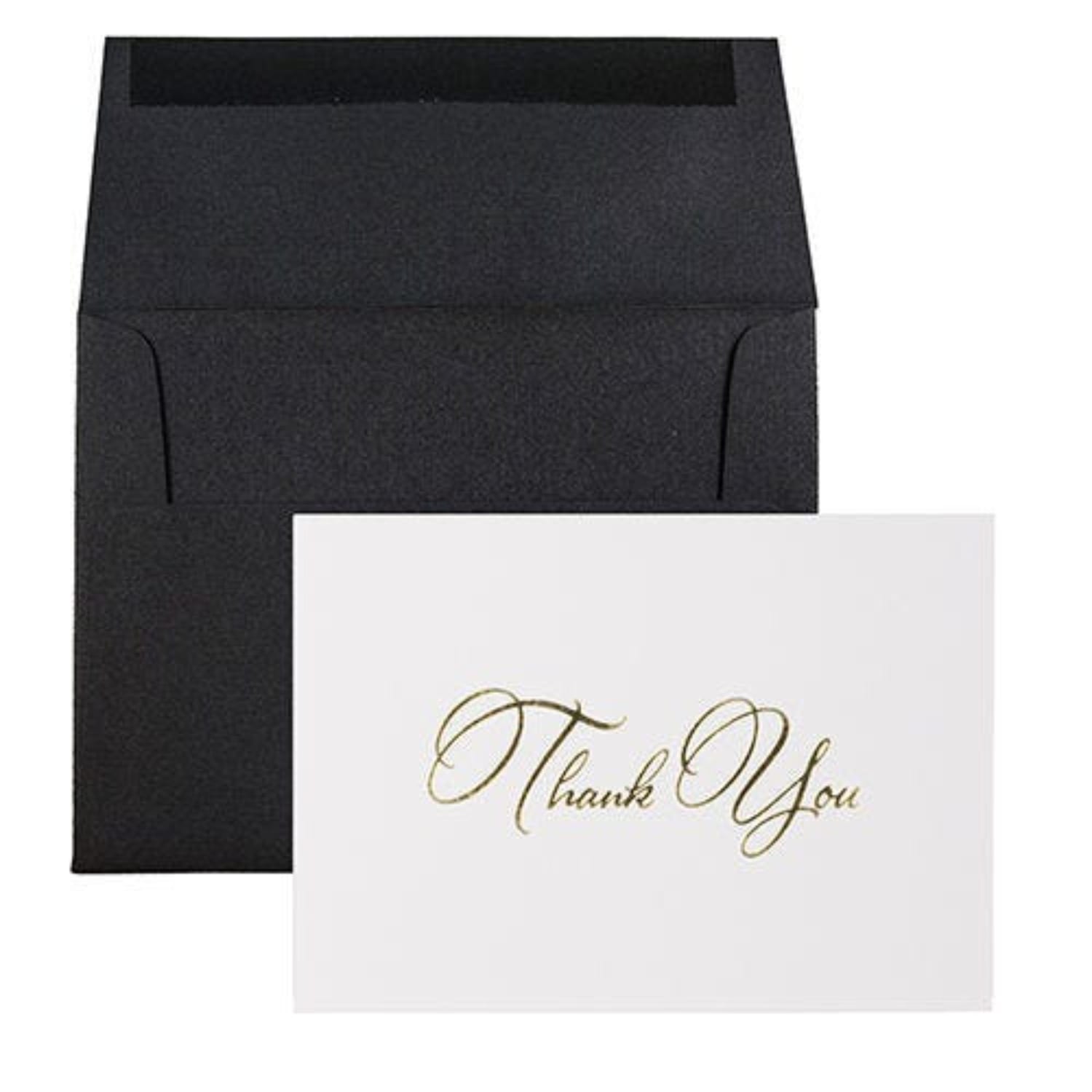 White Cards With Gold Script And Black Linen Envelopes