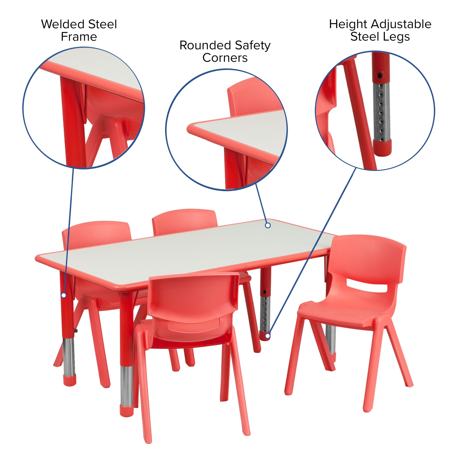 Flash Furniture Rectangular Plastic Height Adjustable Activity Table Set With 4 Chairs 23 12inH x 23 58inW x 47 14inD Red PopularChairscom