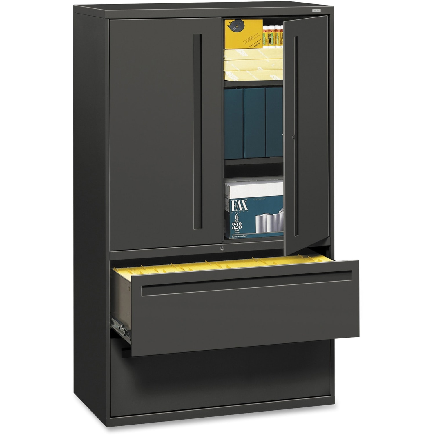 HON Brigade 700 42inW x 18inD Lateral 2-Drawer Combo File Cabinet, Charcoal - Image 3