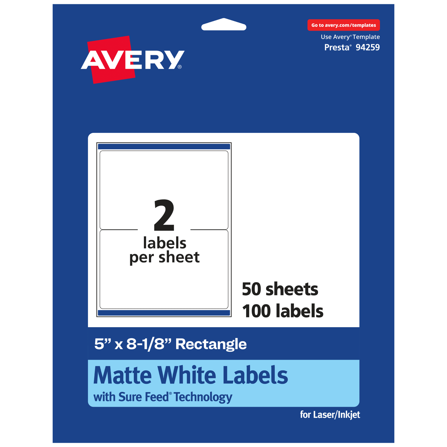 Avery Permanent Labels With Sure Feed, 94259-WMP50, Rectangle, 5in x 8-1/8in, White, Pack Of 100