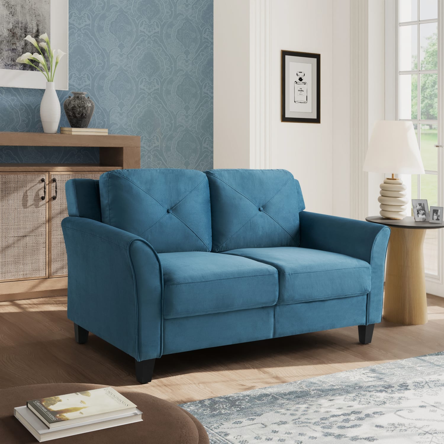 Lifestyle Solutions Hanson Microfiber Loveseat With Curved Arms BlueBlack PopularChairscom Lifestyle Solutions Hanson Microfiber Loveseat With Curved Arms BlueBlack PopularChairscom