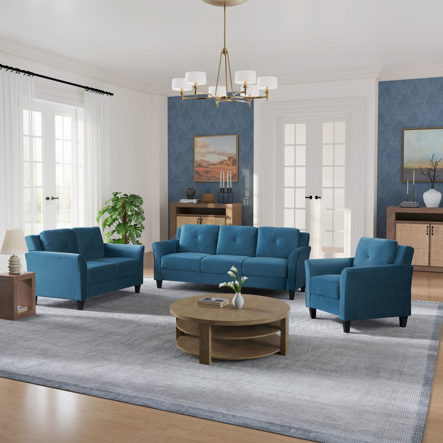 Lifestyle Solutions Hanson Microfiber Loveseat With Curved Arms BlueBlack PopularChairscom