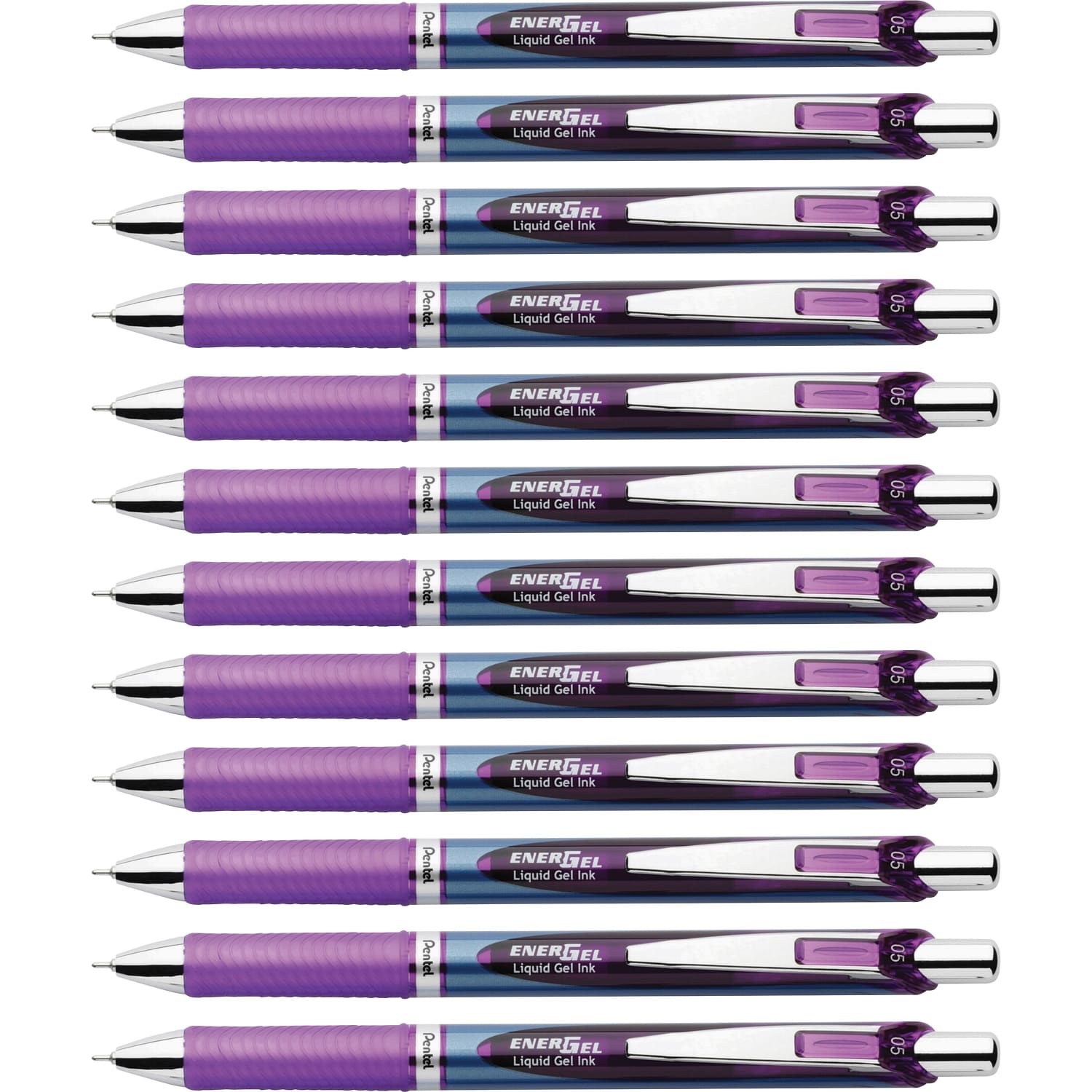 Pentel EnerGel RTX Liquid Gel Pens, Pack Of 12, Fine Point, 0.5 mm, Blue Stainless Steel Barrel, Violet Ink