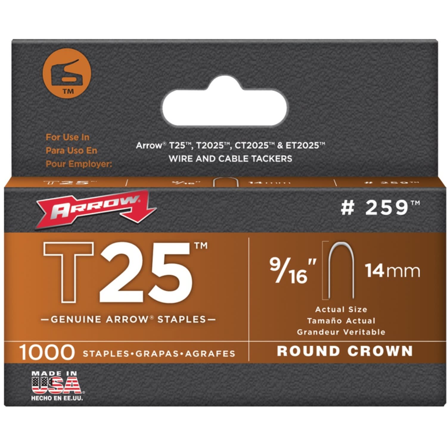 Arrow T25 Round Crown Staples, 9/16in, Pack Of 1,000 Staples