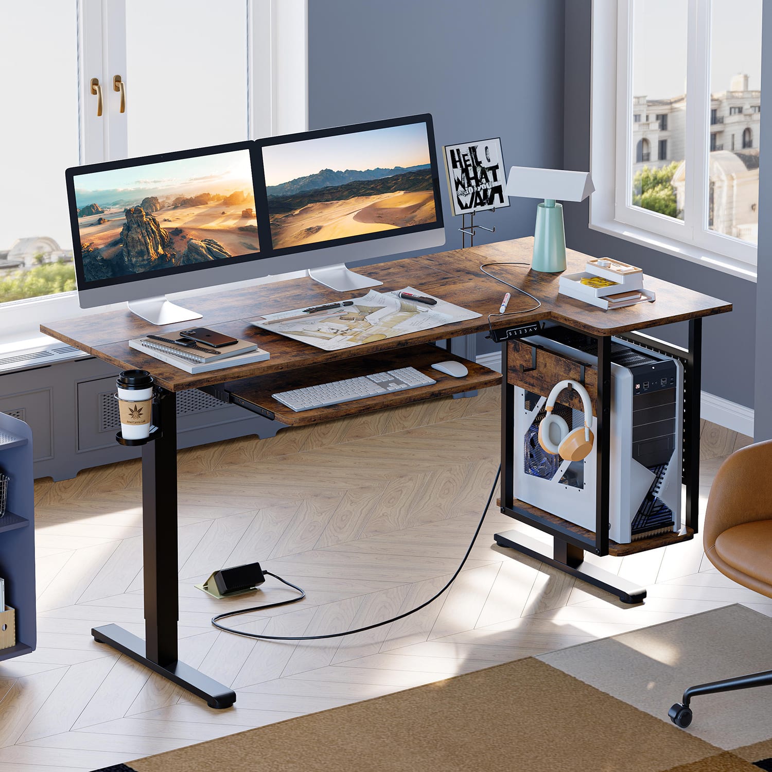 Bestier 58inW Electric Adjustable-Height Standing Desk With Keyboard Tray And CPU Host Shelf, Rustic Brown - Image 3