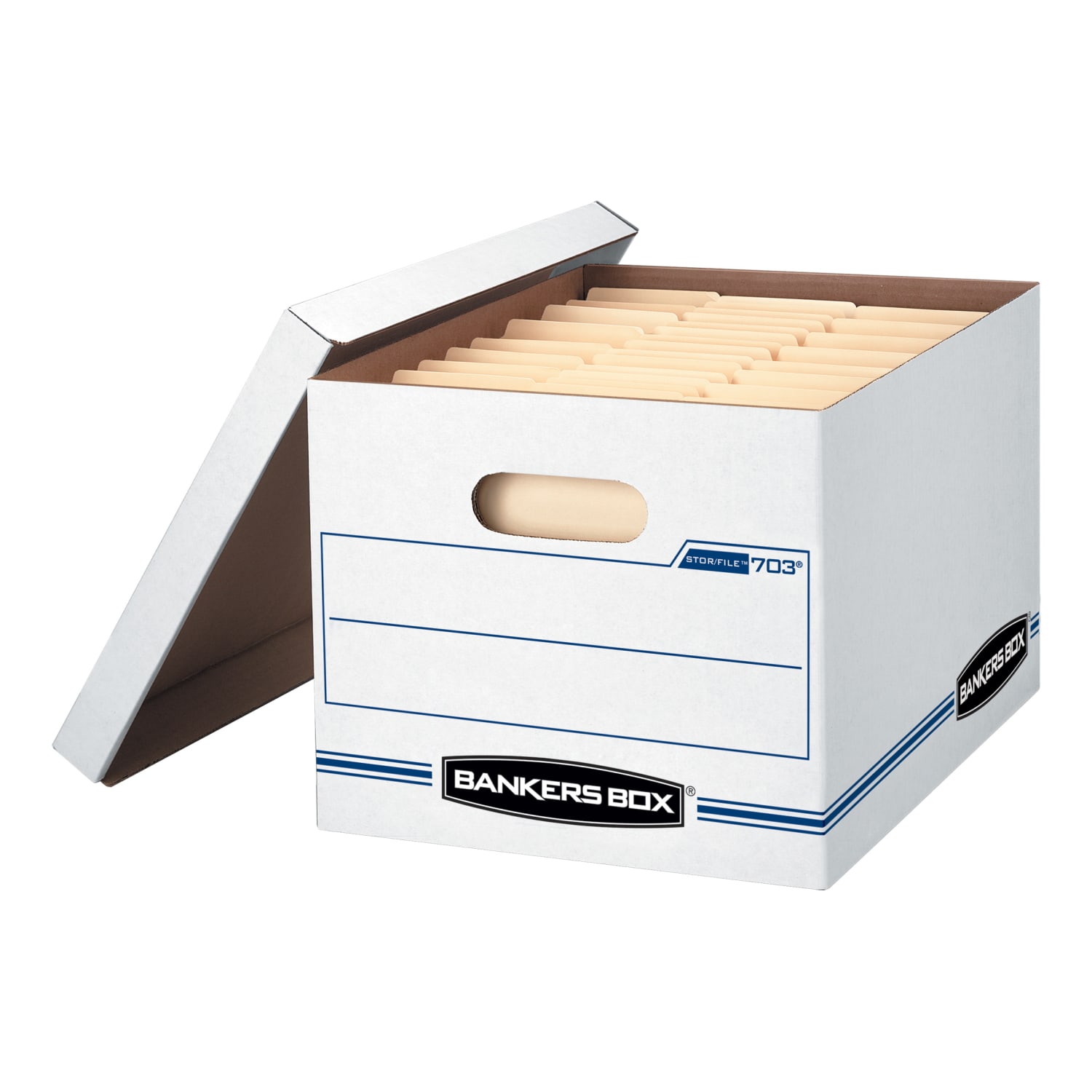 Bankers Box Stor/File Standard-Duty Storage Box With Lift-Off Lids And Built-In Handles, Letter/Legal Size, 15inx12inx10in, 60% Recycled, White/Blue