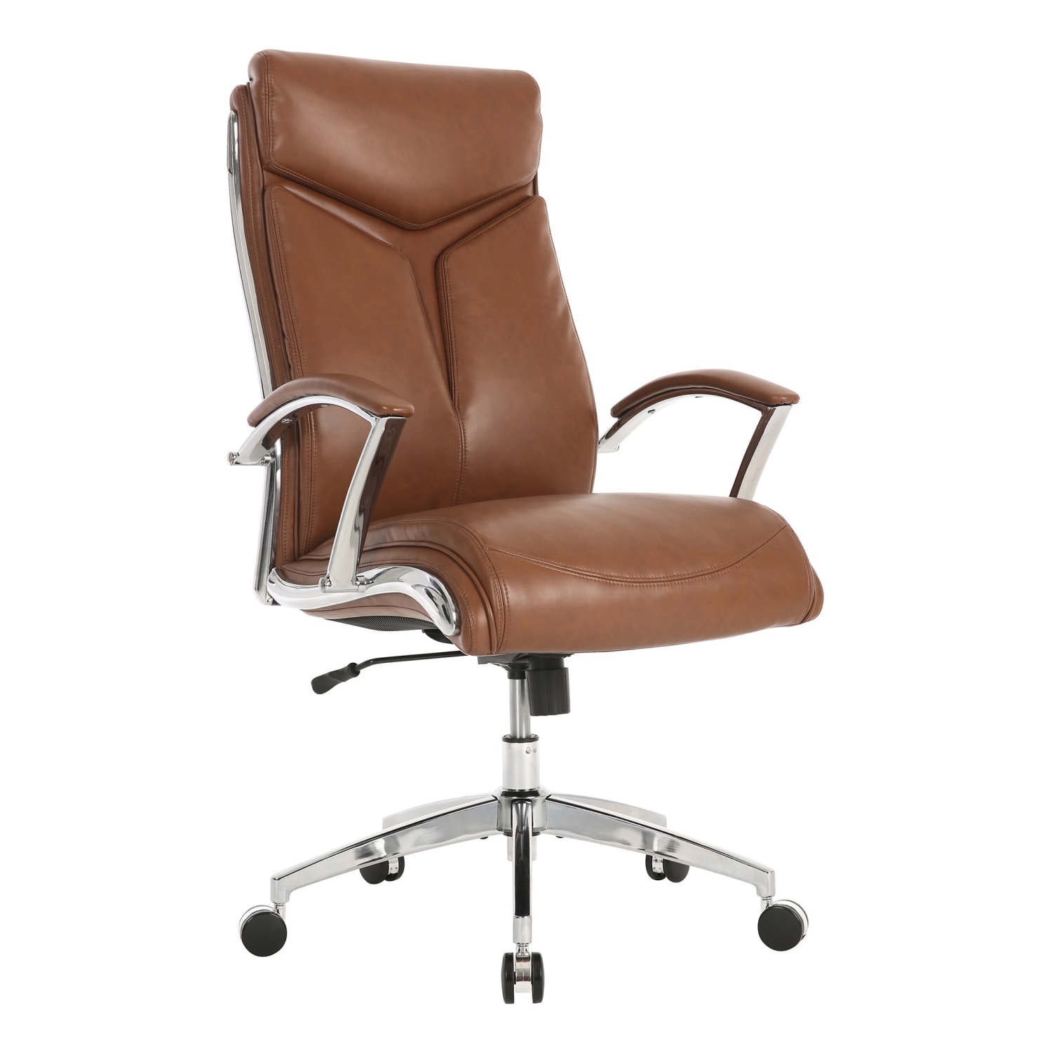 Realspace Modern Comfort Verismo Bonded Leather High-Back Executive Office Chair, Brown/Chrome, BIFMA Compliant