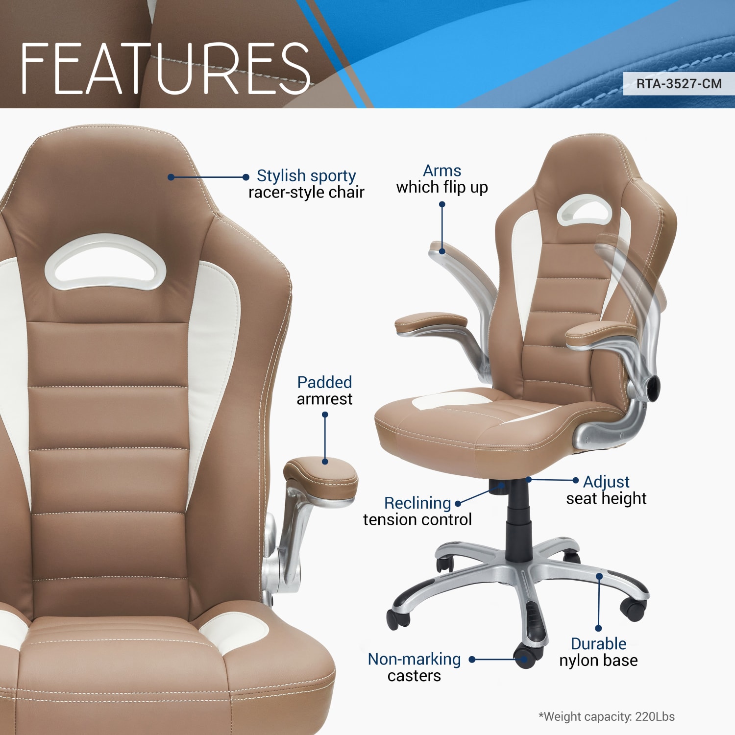 Techni Mobili RTA-3527-CM Faux Leather High-Back Executive Office Chair, Camel - Image 4