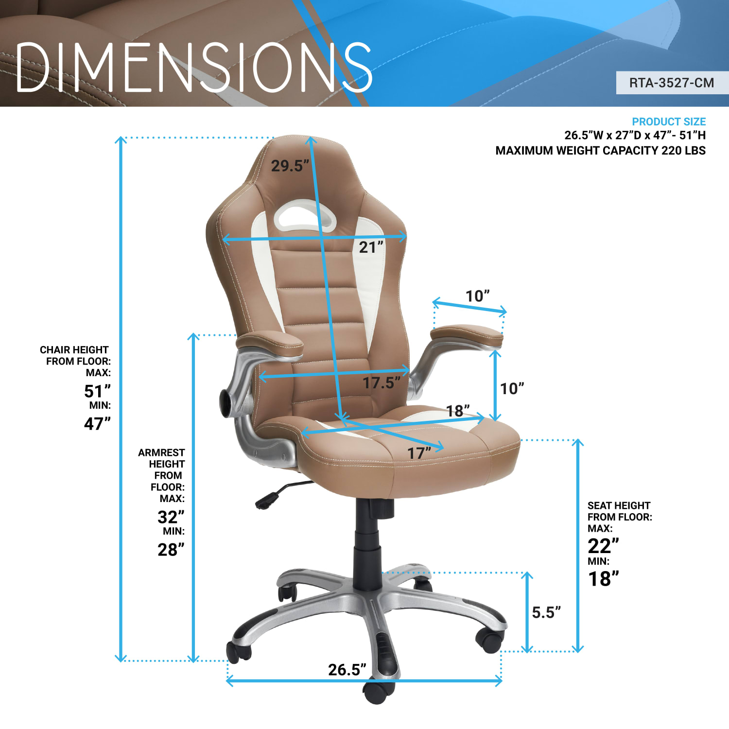 Techni Mobili RTA-3527-CM Faux Leather High-Back Executive Office Chair, Camel - Image 5