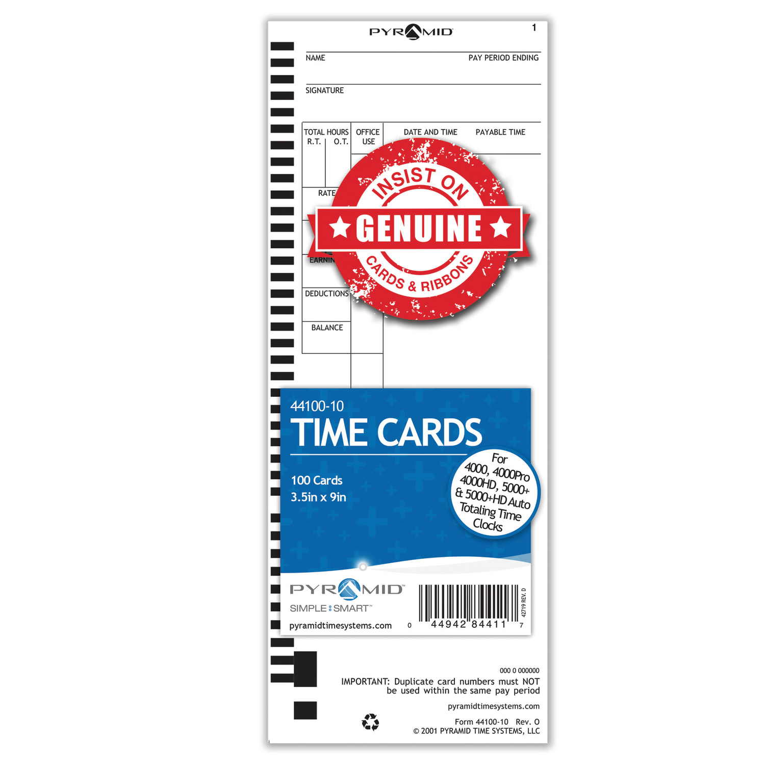 Pyramid Time System - 100/PK Authentic Time Cards [44100-10]  - 4410010