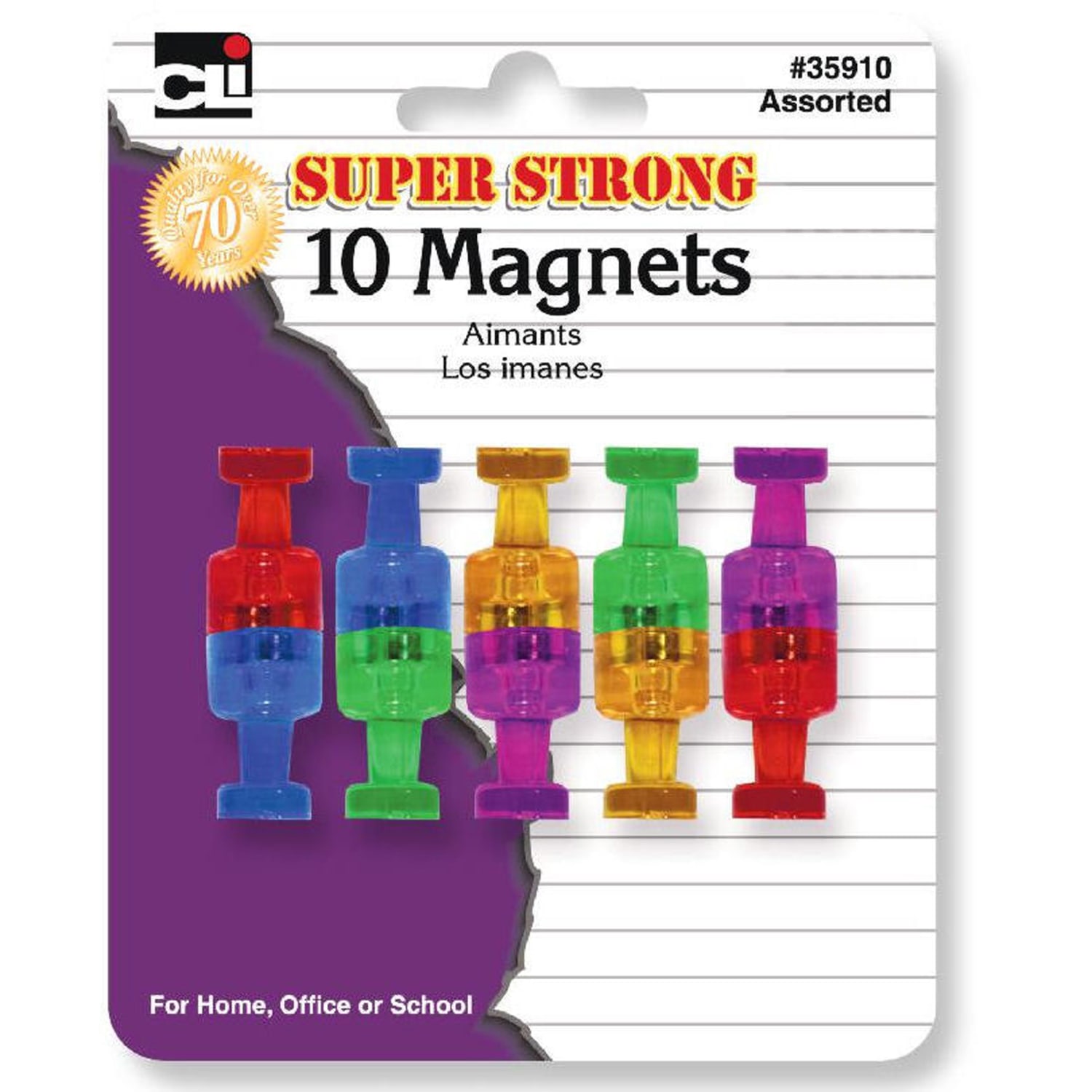 Charles Leonard Push Pin Style Super Strong Strength Magnets, 3/4in x 3/4in, Assorted Colors, 10 Magnets Per Pack, Set Of 6 Packs - Image 3