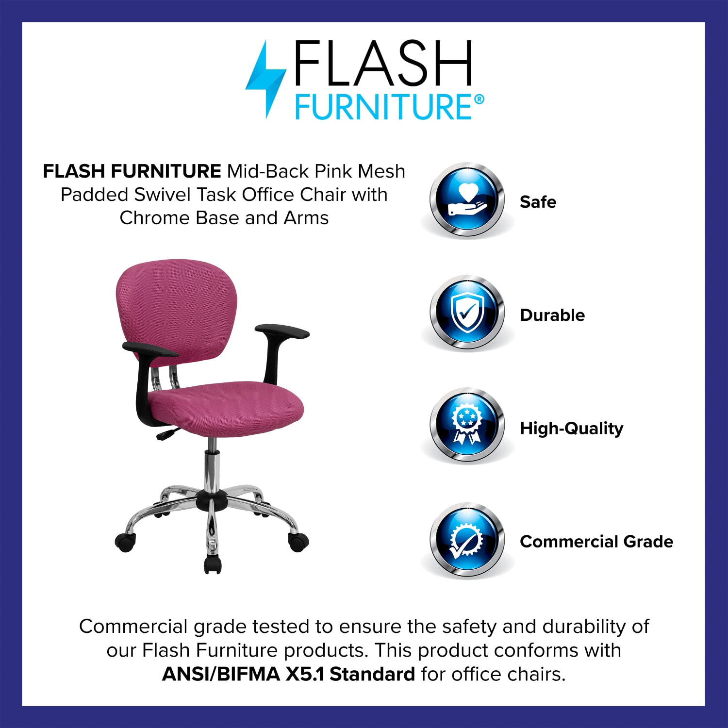 Flash Furniture Mesh Mid-Back Swivel Task Chair With Arms, Pink/Silver - Image 4