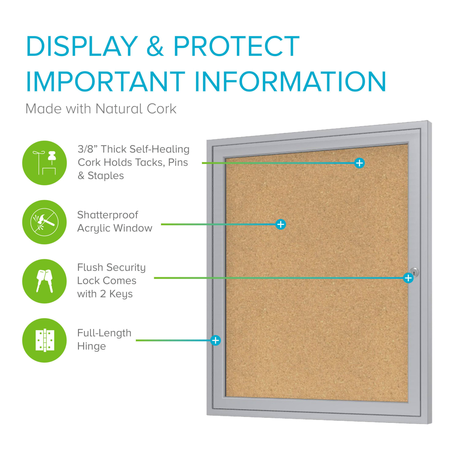 Ghent 1 Door Enclosed Natural Cork Bulletin Board, Satin Aluminum Frame, 24inH x 18inW - Image 3