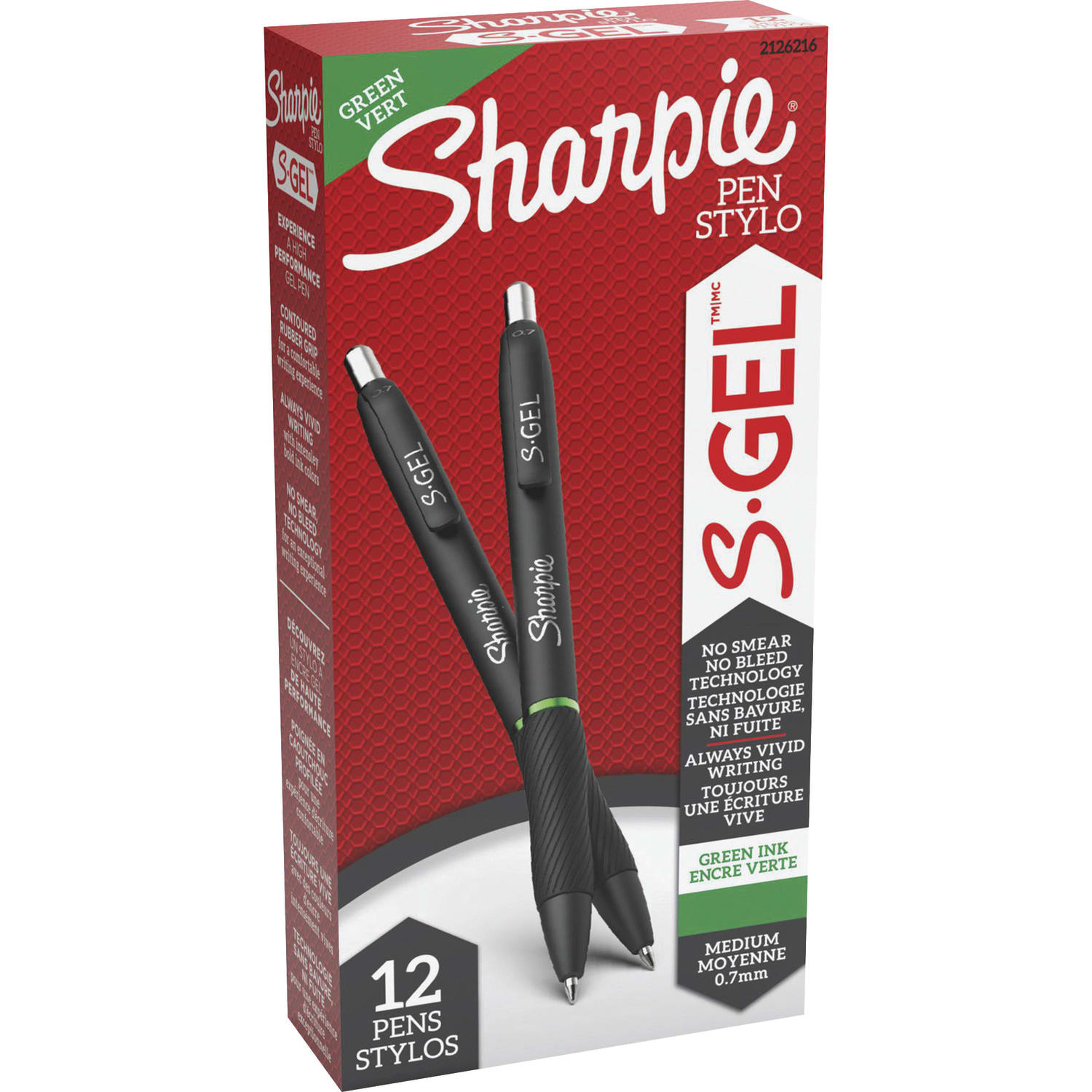 Sharpie S-Gel Retractable Pens, Medium Point, 0.7 mm, Black Barrel, Green Ink, Pack Of 12 Pens