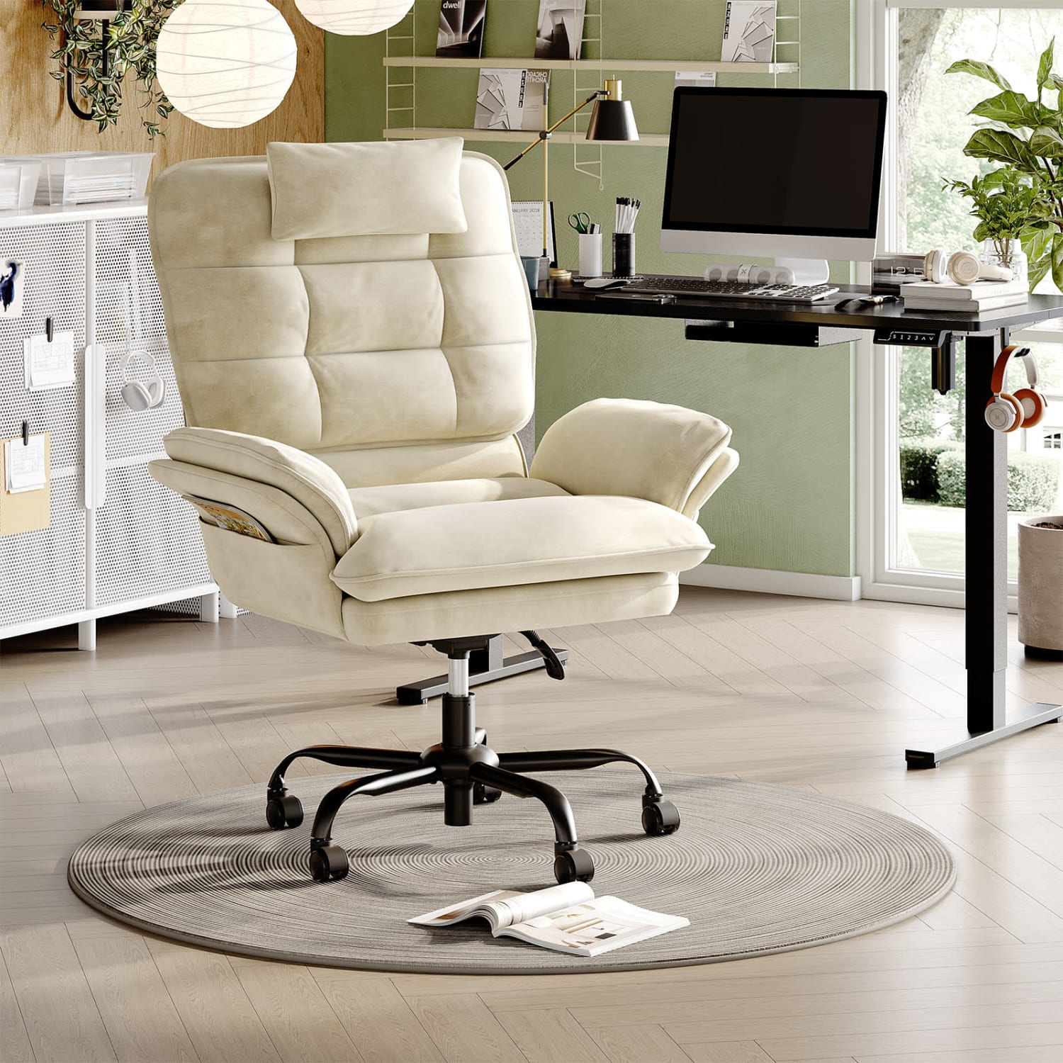 Bestier Ergonomic Velvet High-Back Swivel Executive Office Chair With Adjustable Padded Arms And Padded Headrest, Beige - Image 3