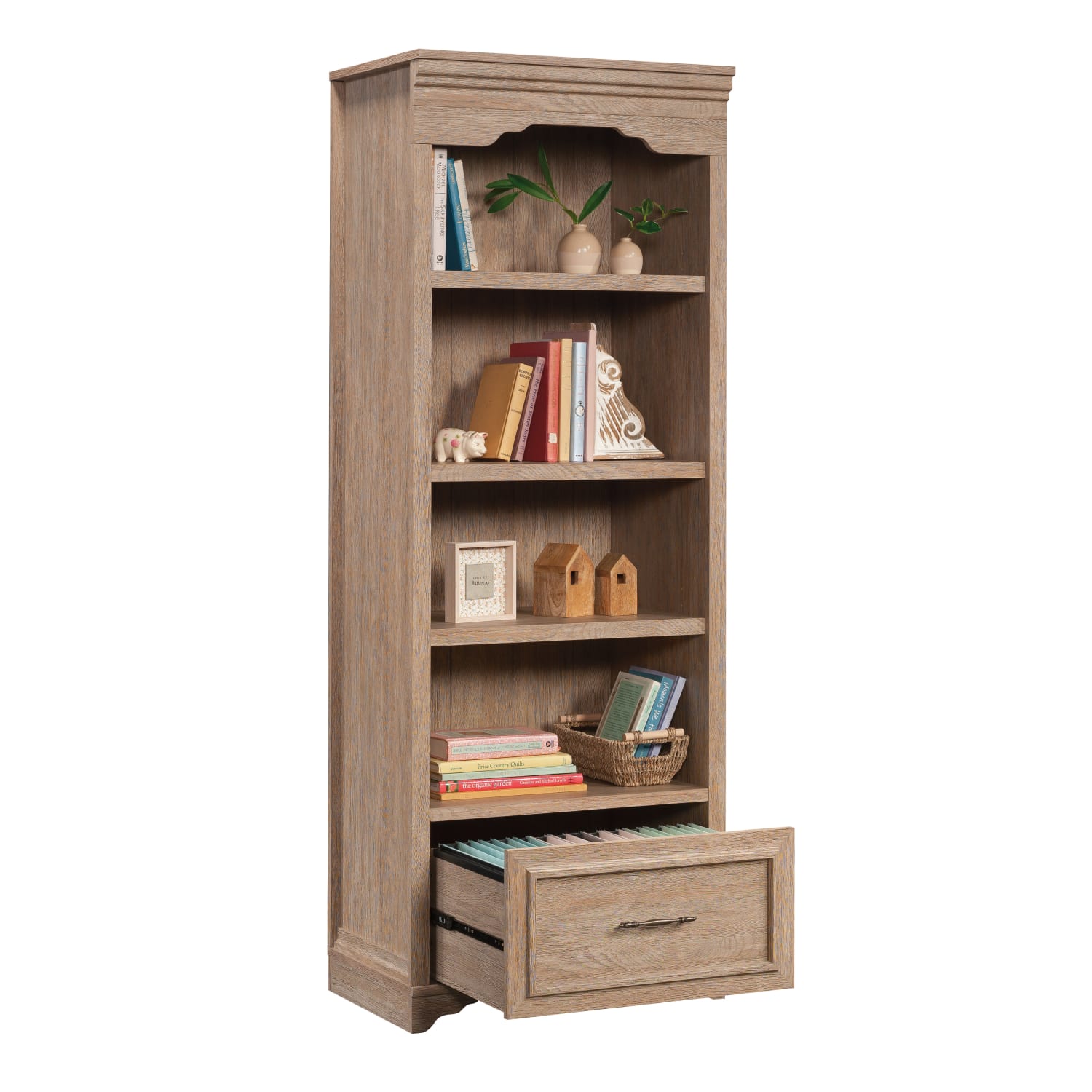 Sauder Rollingwood Country 72inH 4-Shelf Bookcase With Filing Drawer, Brushed Oak - Image 3