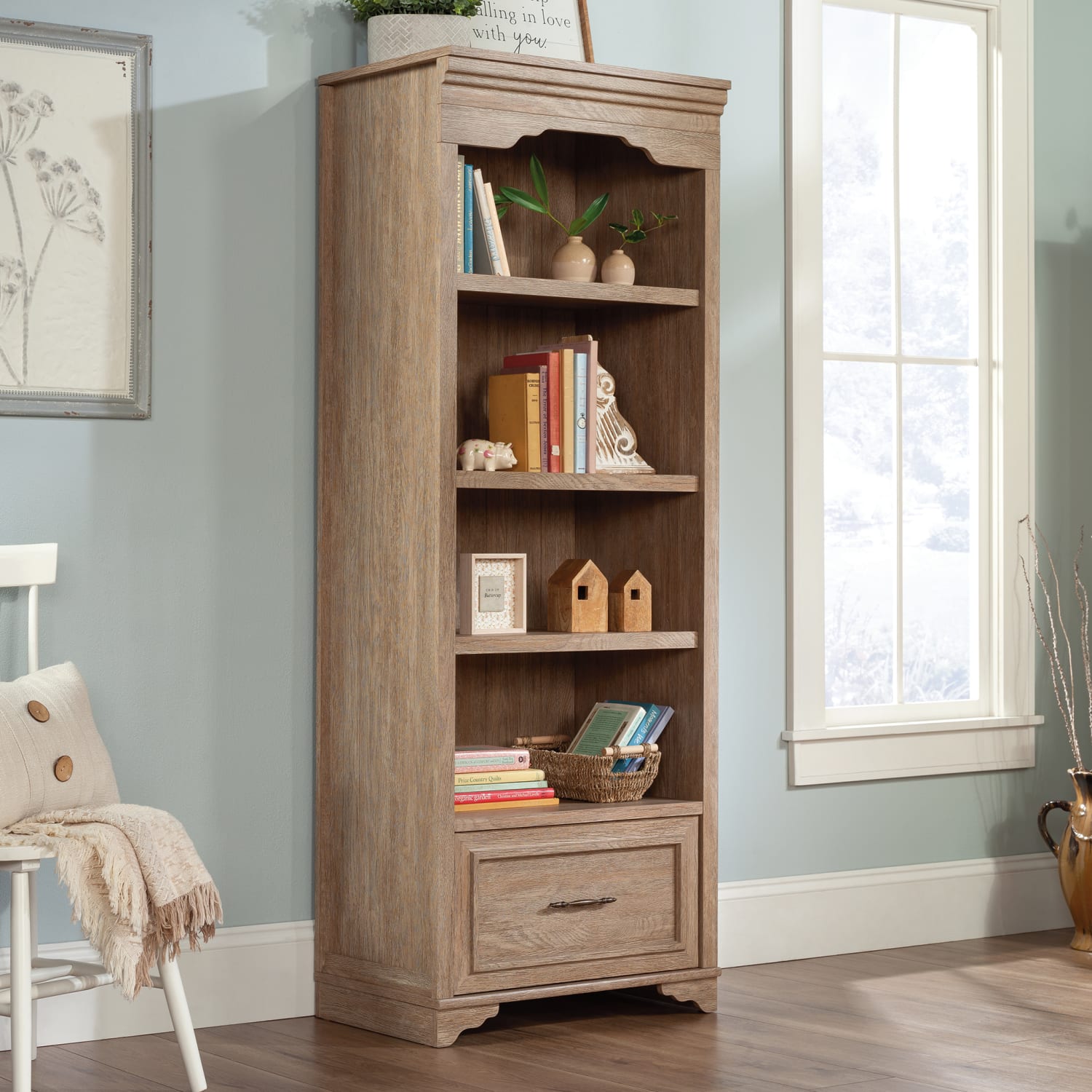 Sauder Rollingwood Country 72inH 4-Shelf Bookcase With Filing Drawer, Brushed Oak - Image 4