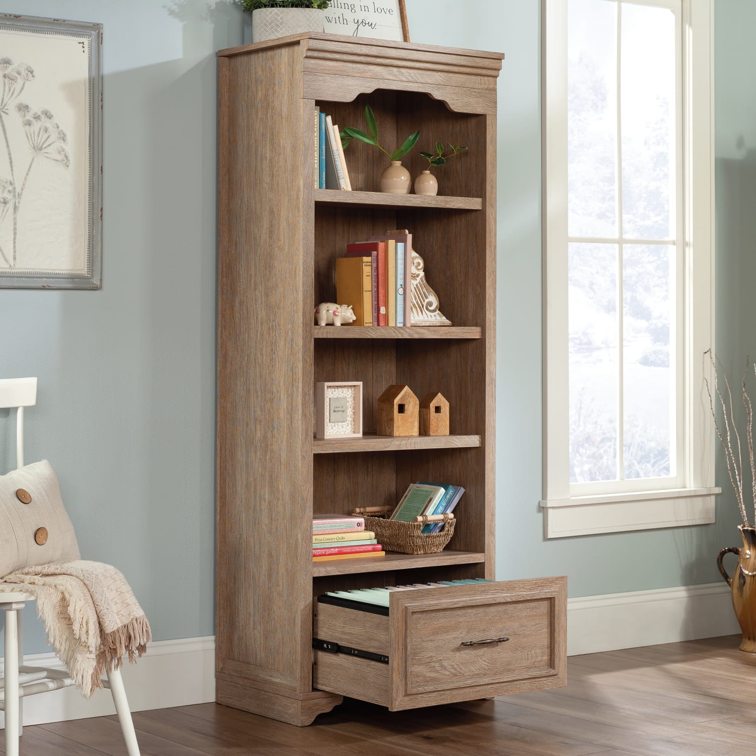 Sauder Rollingwood Country 72inH 4-Shelf Bookcase With Filing Drawer, Brushed Oak - Image 5