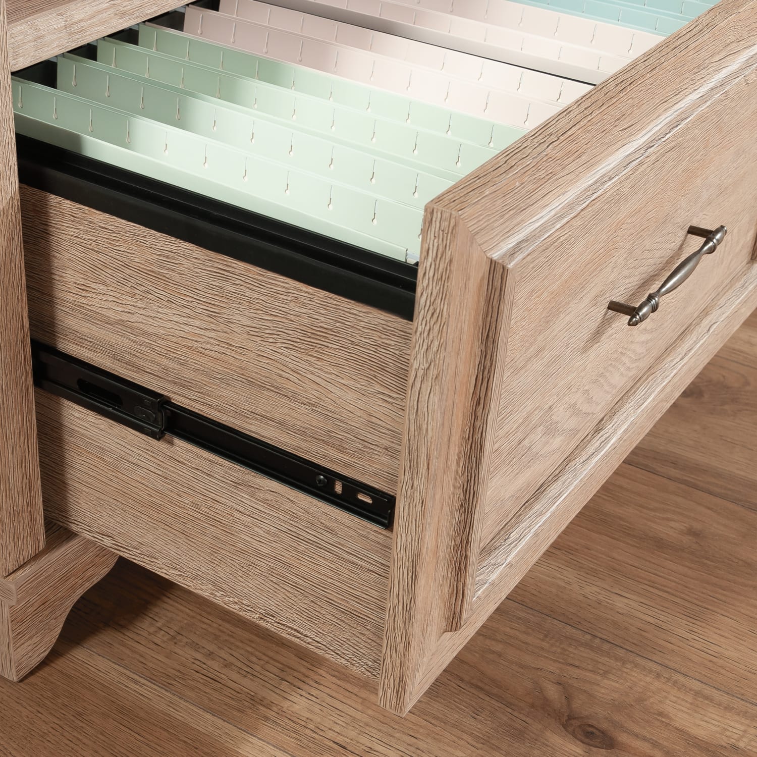 Sauder Rollingwood Country 72inH 4-Shelf Bookcase With Filing Drawer, Brushed Oak - Image 6