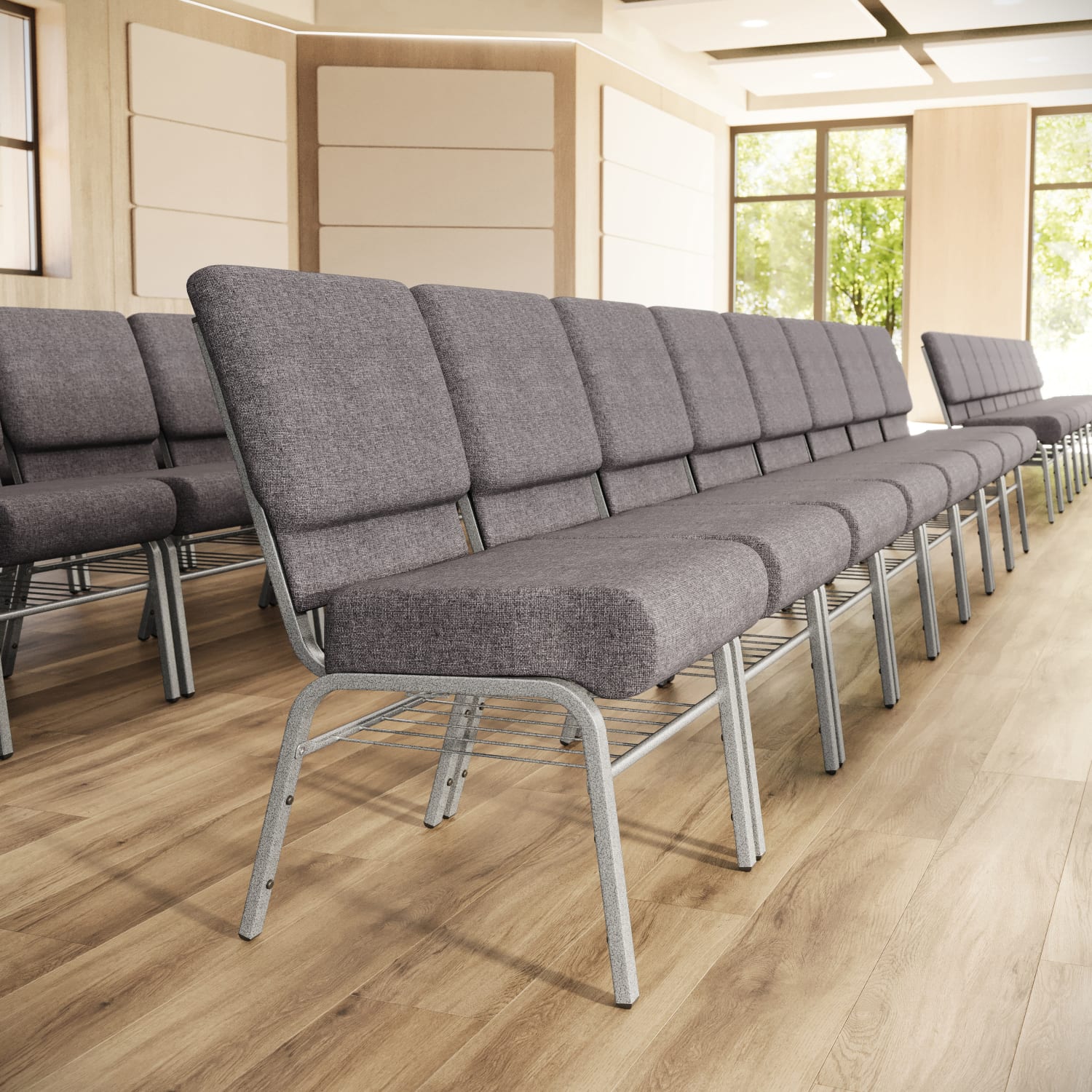 Flash Furniture HERCULES Series 21ft"W Church Chair w/ Book Rack, Gray/Silver Vein - Image 3