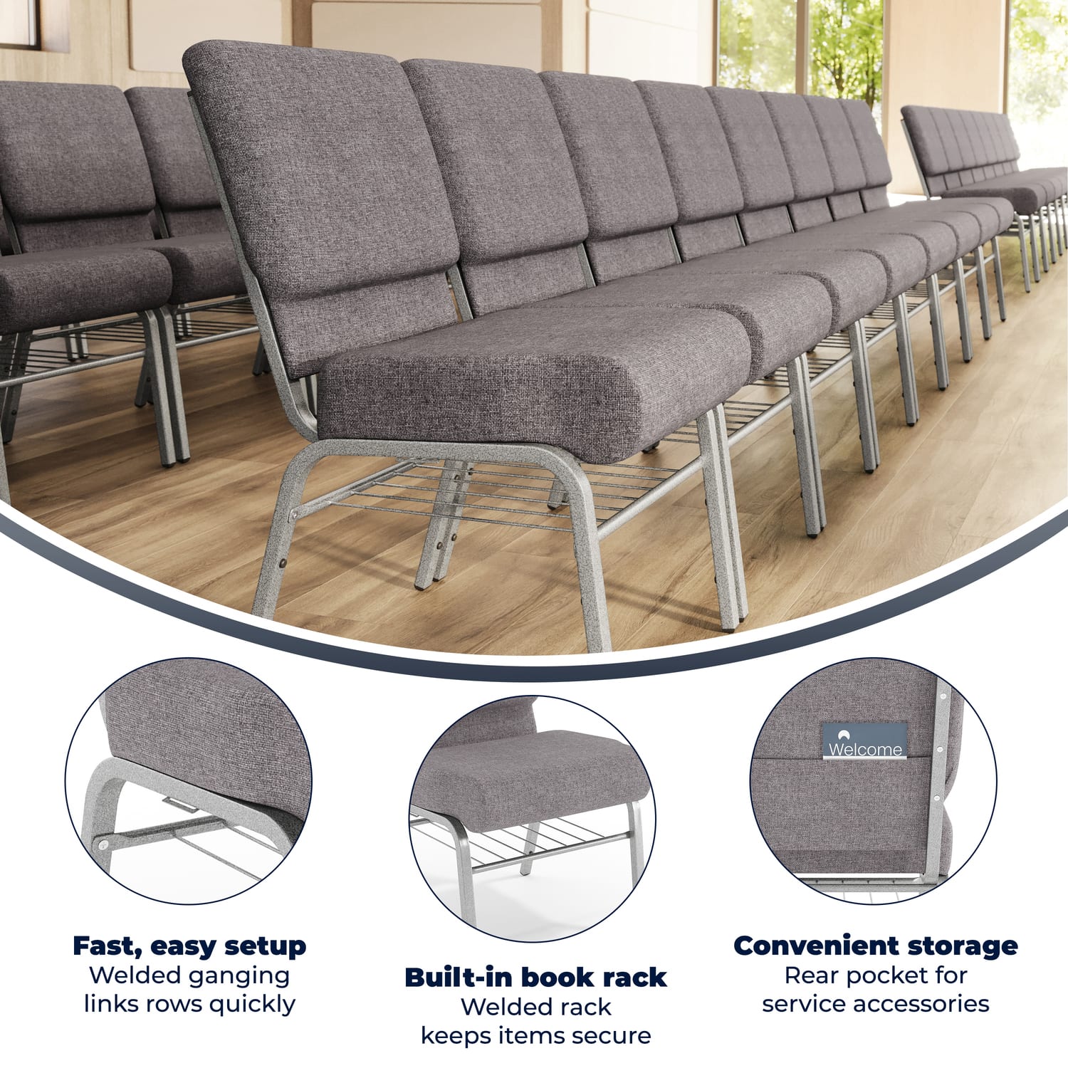 Flash Furniture HERCULES Series 21ft"W Church Chair w/ Book Rack, Gray/Silver Vein - Image 4