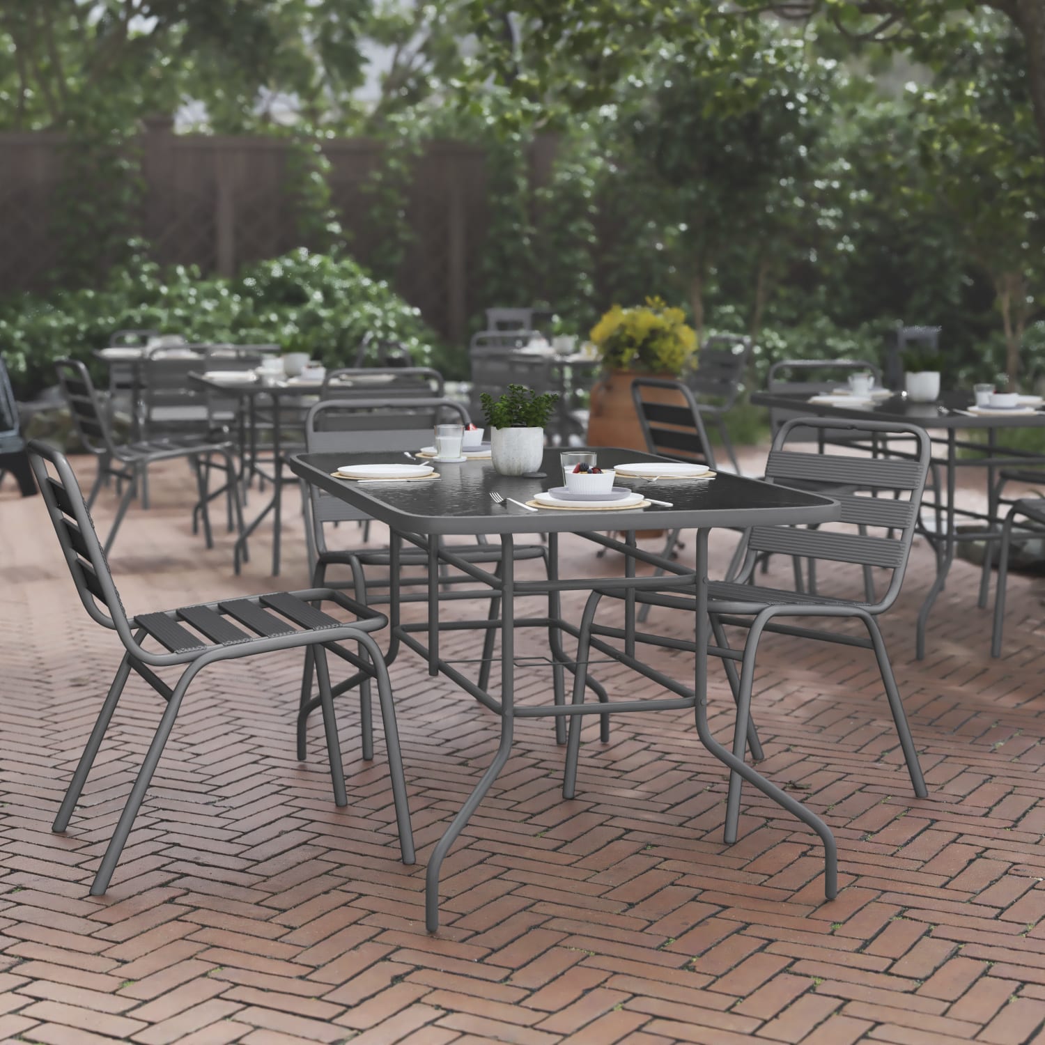 Flash Furniture Tory Tempered Glass Metal Table With Umbrella Hole, 27-1/2inH x 31-1/2inW x 55inD, Clear/Silver