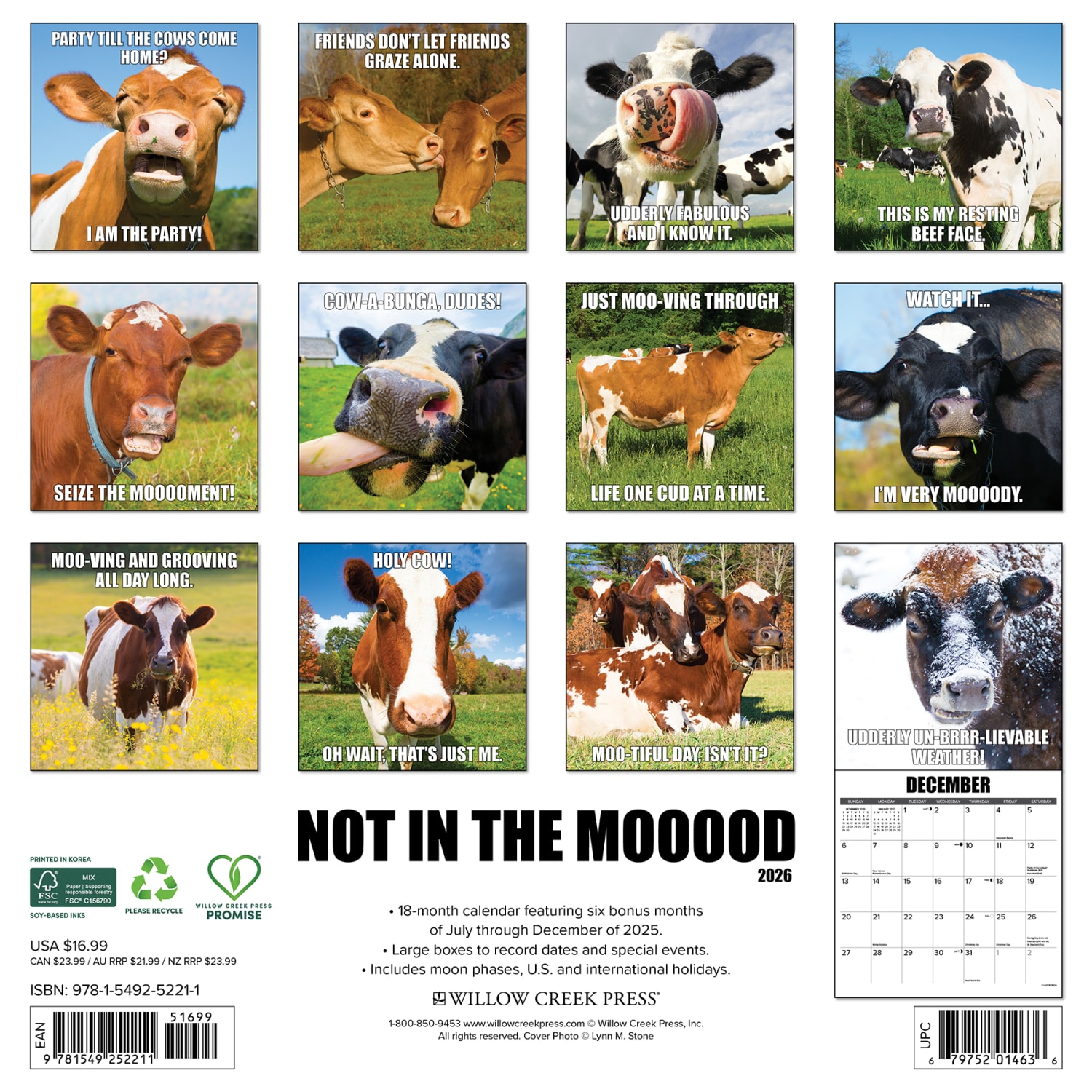 2026 Willow Creek Press Humor & Comics Monthly Wall Calendar, 12in x 12in, Not in the Mooood, January To December, 52211 - Image 6