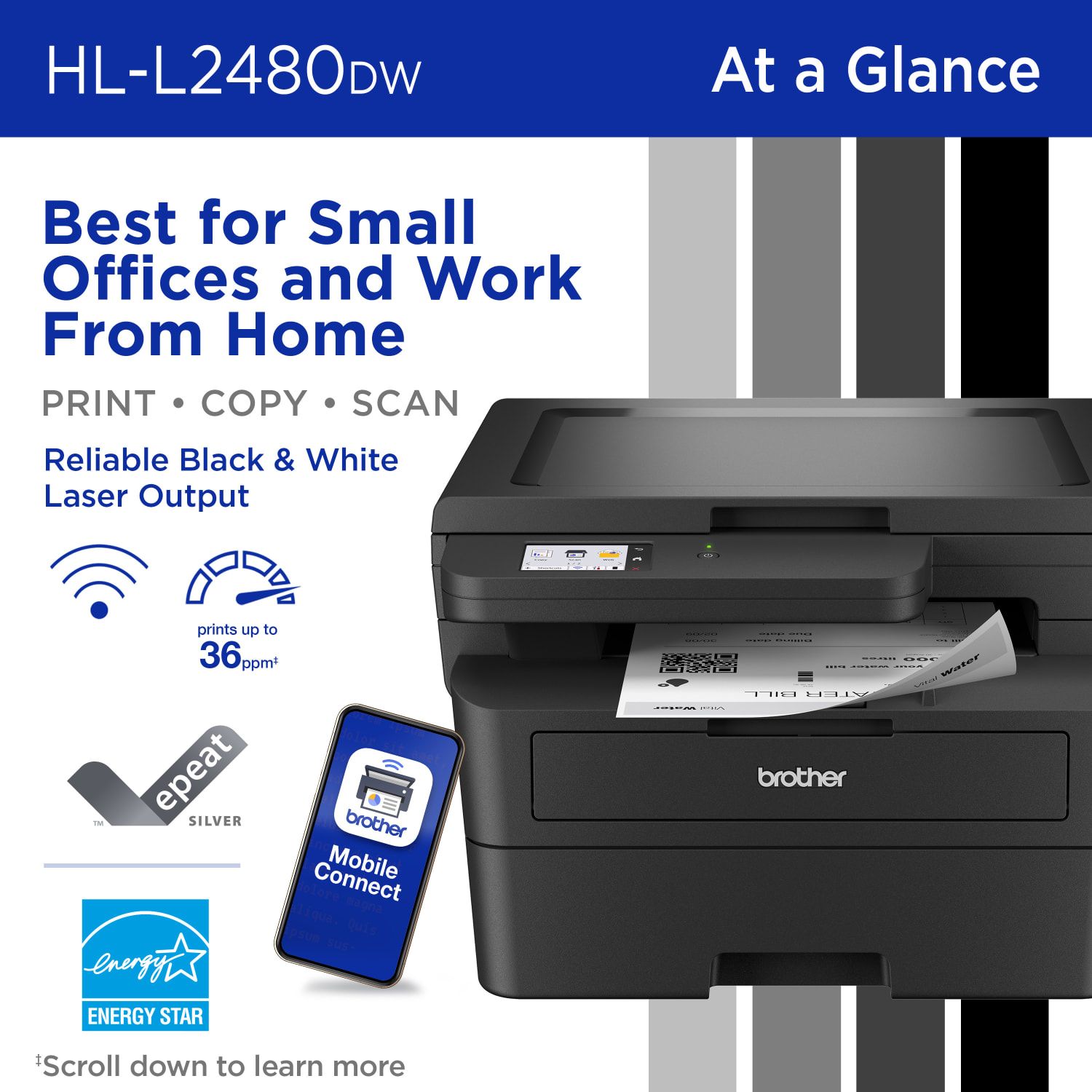Brother HL-L2480DW Wireless Compact Monochrome Multi-Function Laser Printer, Copy & Scan, Refresh EZ Print Eligibility - Image 3