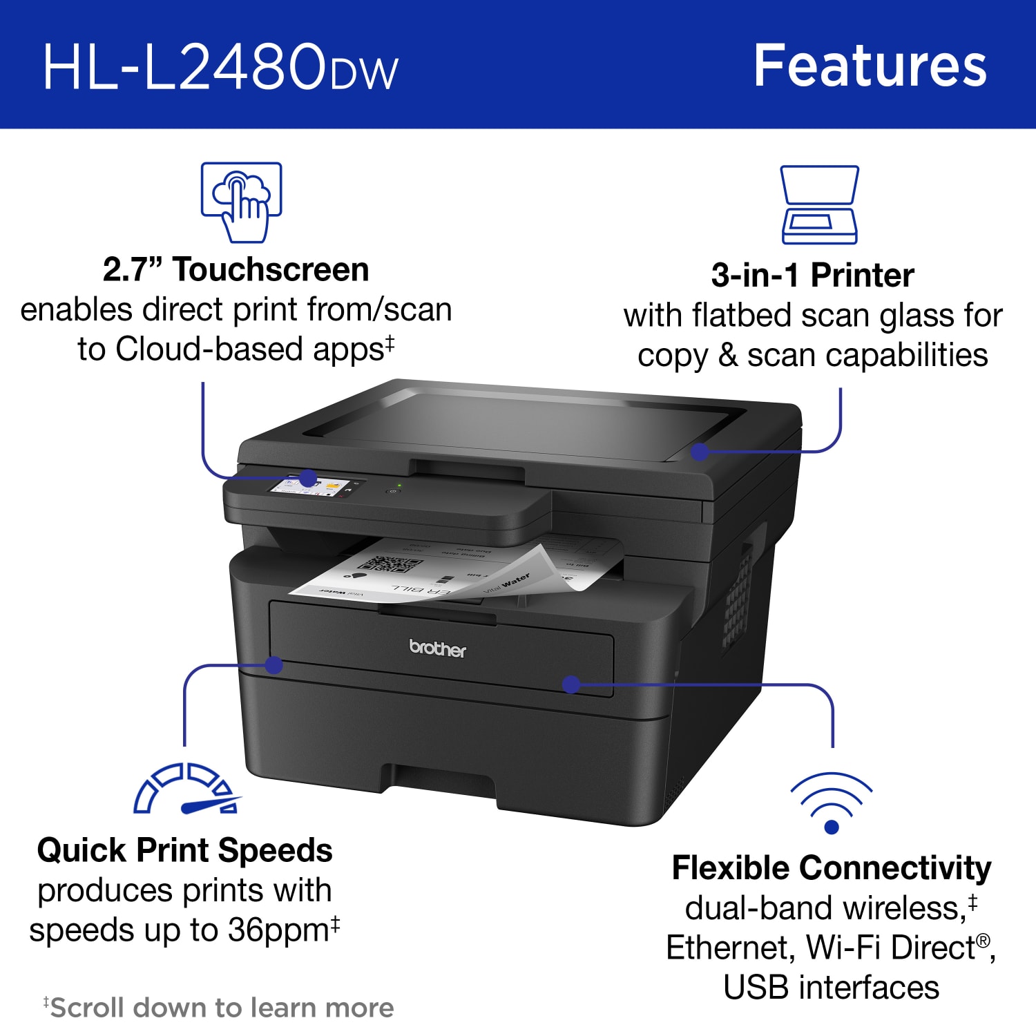Brother HL-L2480DW Wireless Compact Monochrome Multi-Function Laser Printer, Copy & Scan, Refresh EZ Print Eligibility - Image 4