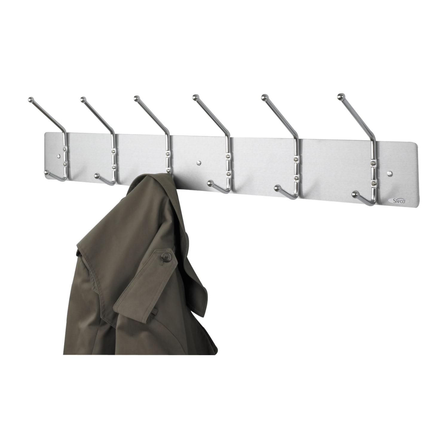 Safco Metal Wall Rack Coat Hooks, 6 Hooks, 6 3/4inH x 36inW x 3 3/4inD, Satin Aluminum - Image 3