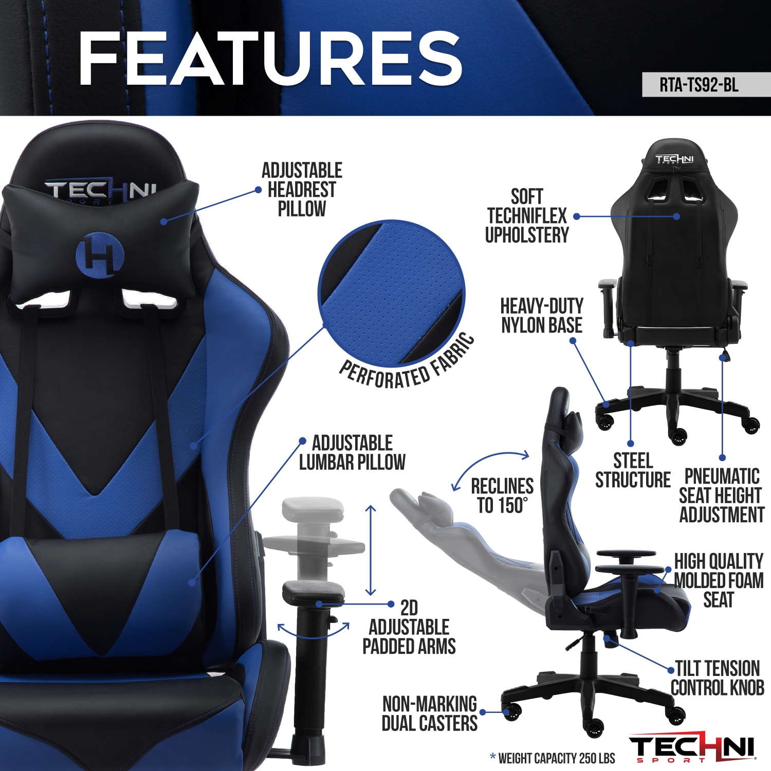 Techni Sport Ergonomic Faux Leather Computer Gaming Chair, Black/Blue - Image 4