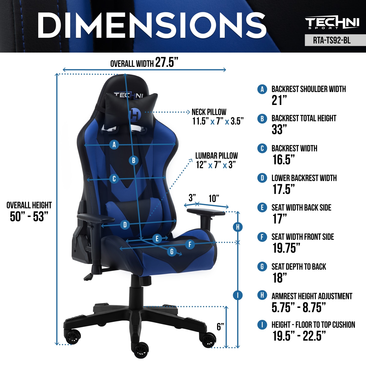 Techni Sport Ergonomic Faux Leather Computer Gaming Chair, Black/Blue - Image 5