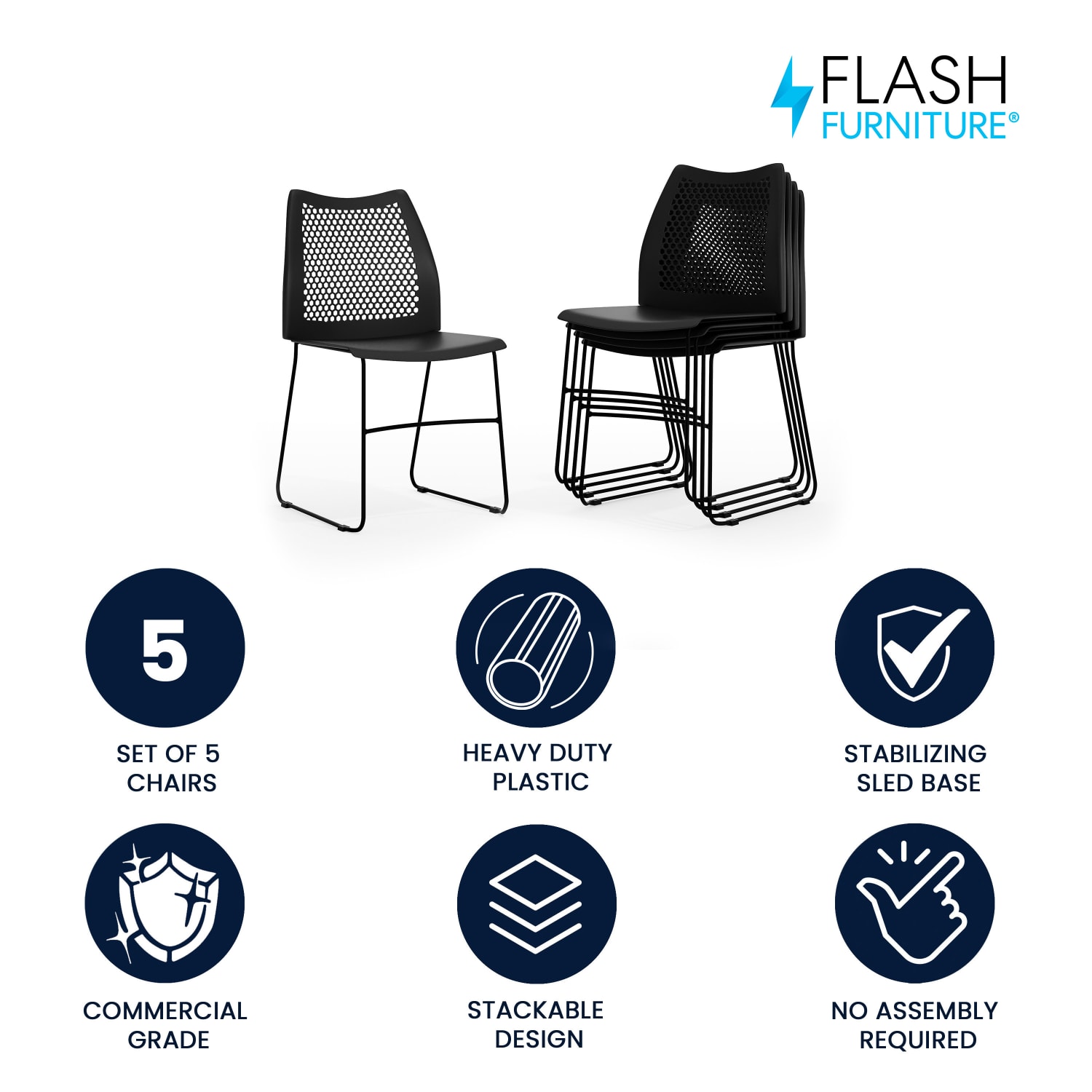 Flash Furniture HERCULES Series Stack Chairs Black Set Of 5 Chairs PopularChairscom