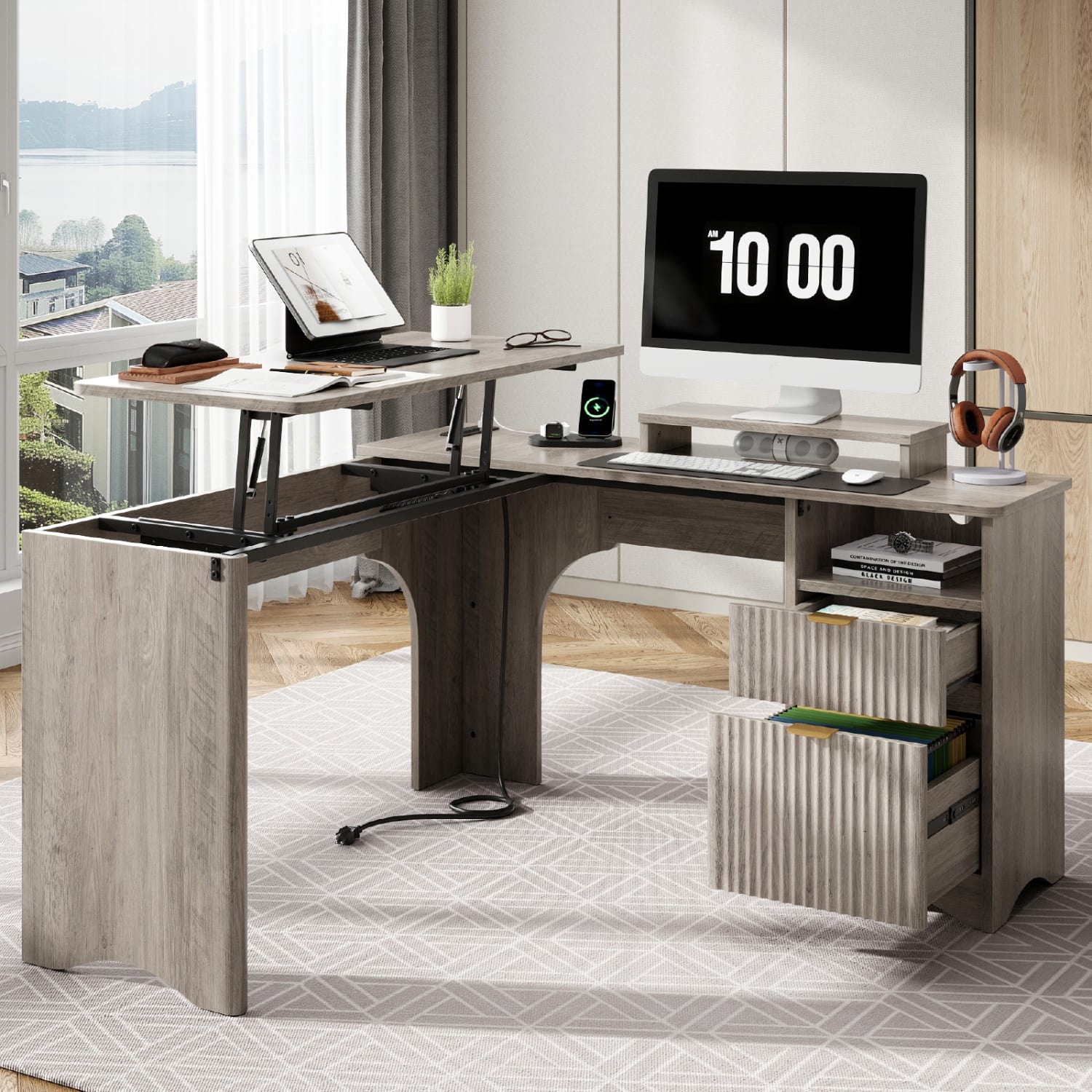 Bestier 55inW L-Shaped Adjustable Height Computer Standing Desk With Power Outlets, Lift-Top And Monitor Stand, Wash Gray