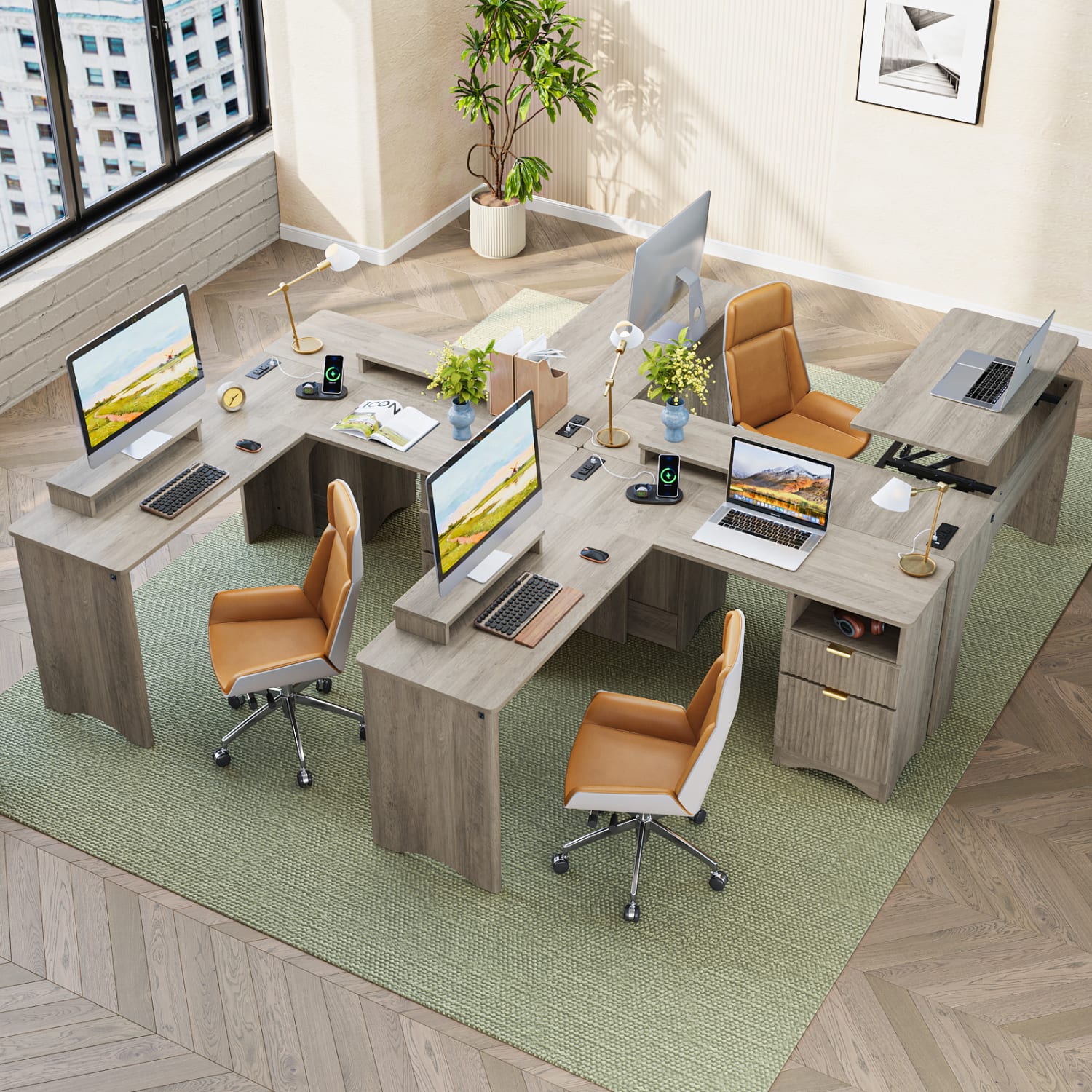 Bestier 55inW L-Shaped Adjustable Height Computer Standing Desk With Power Outlets, Lift-Top And Monitor Stand, Wash Gray - Image 4