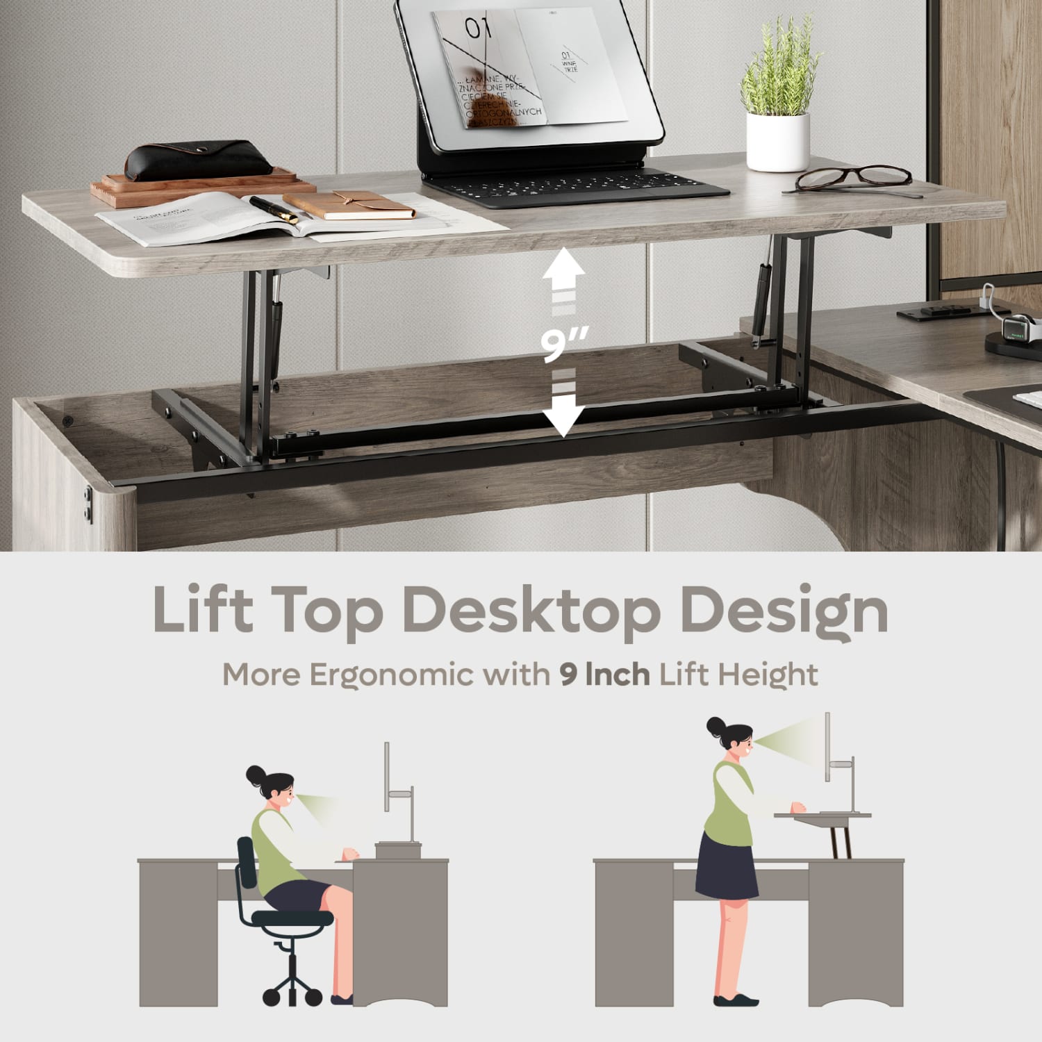 Bestier 55inW L-Shaped Adjustable Height Computer Standing Desk With Power Outlets, Lift-Top And Monitor Stand, Wash Gray - Image 5